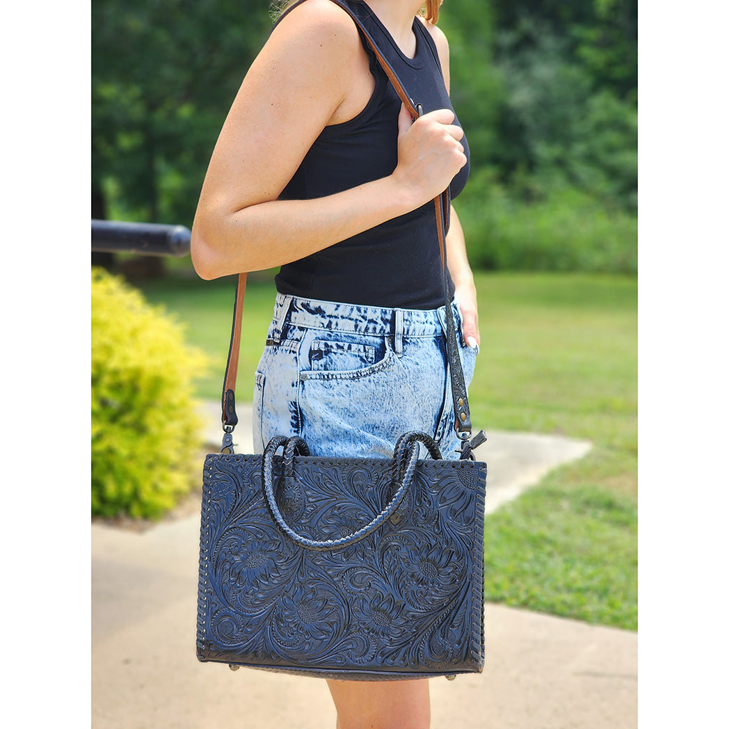 American Darling Black Fully Tooled Leather Tote Bag for Women - Stylish Work & Travel Handbag for Office, Commute & Weekend Outings