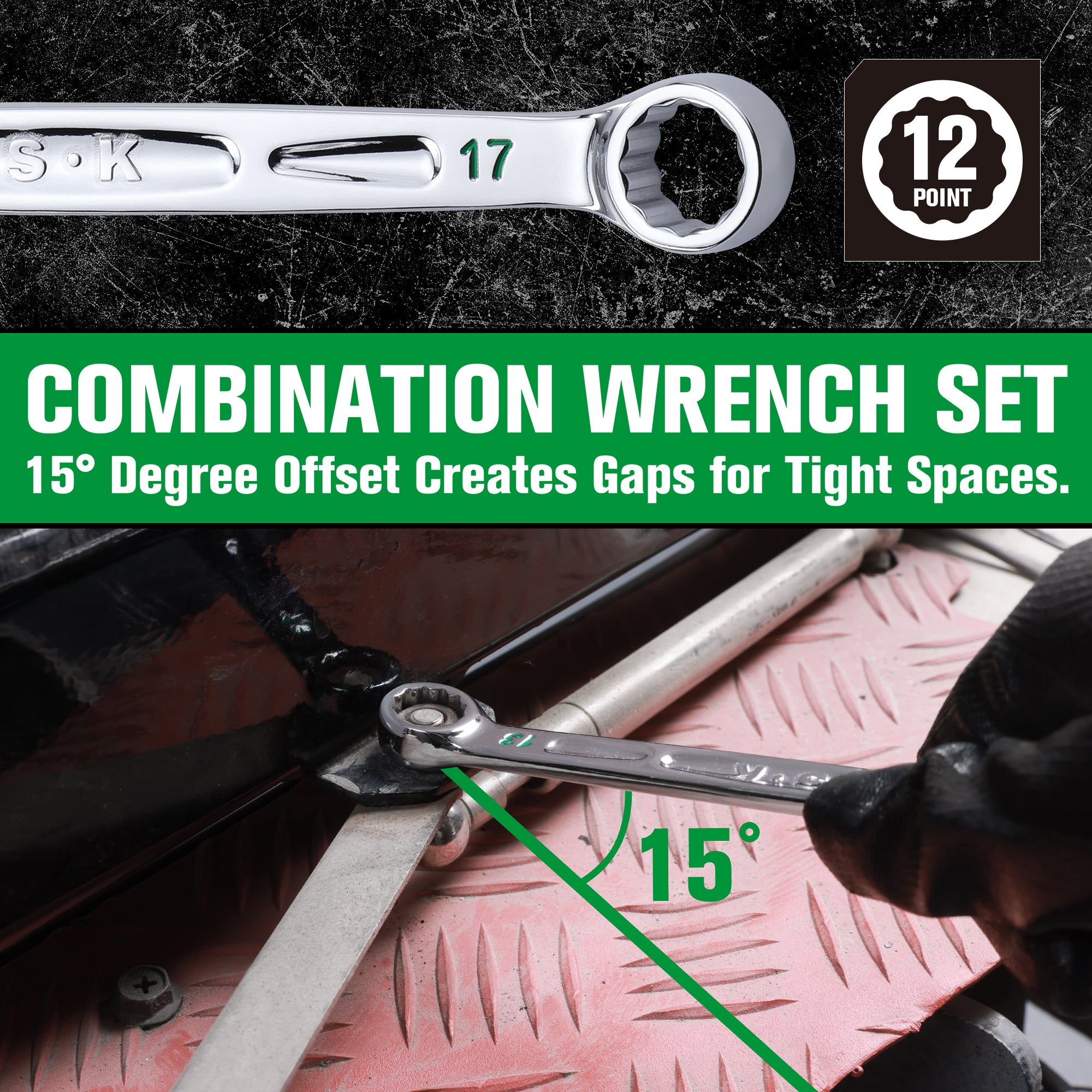 16-Piece SAE & Metric Chrome Combination Wrench Set - 12-Point Professional Tool Kit for Automotive Repair, Machinery Maintenance & DIY Projects