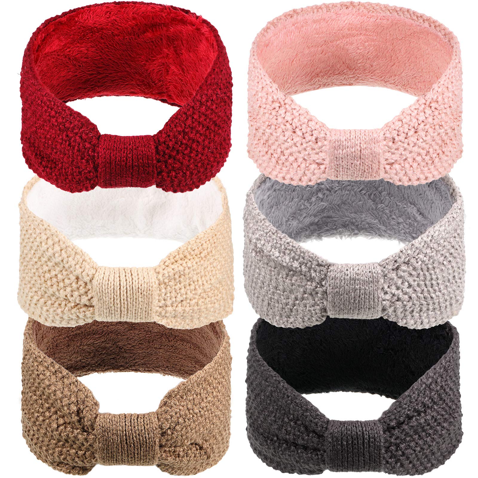 WILLBOND 6 Pack Winter Knit Bow Headbands - Fleece Lined Ear Warmers & Elastic Head Wraps for Women - Perfect for Christmas, Valentine's Day & Cold Weather Fashion Accessories