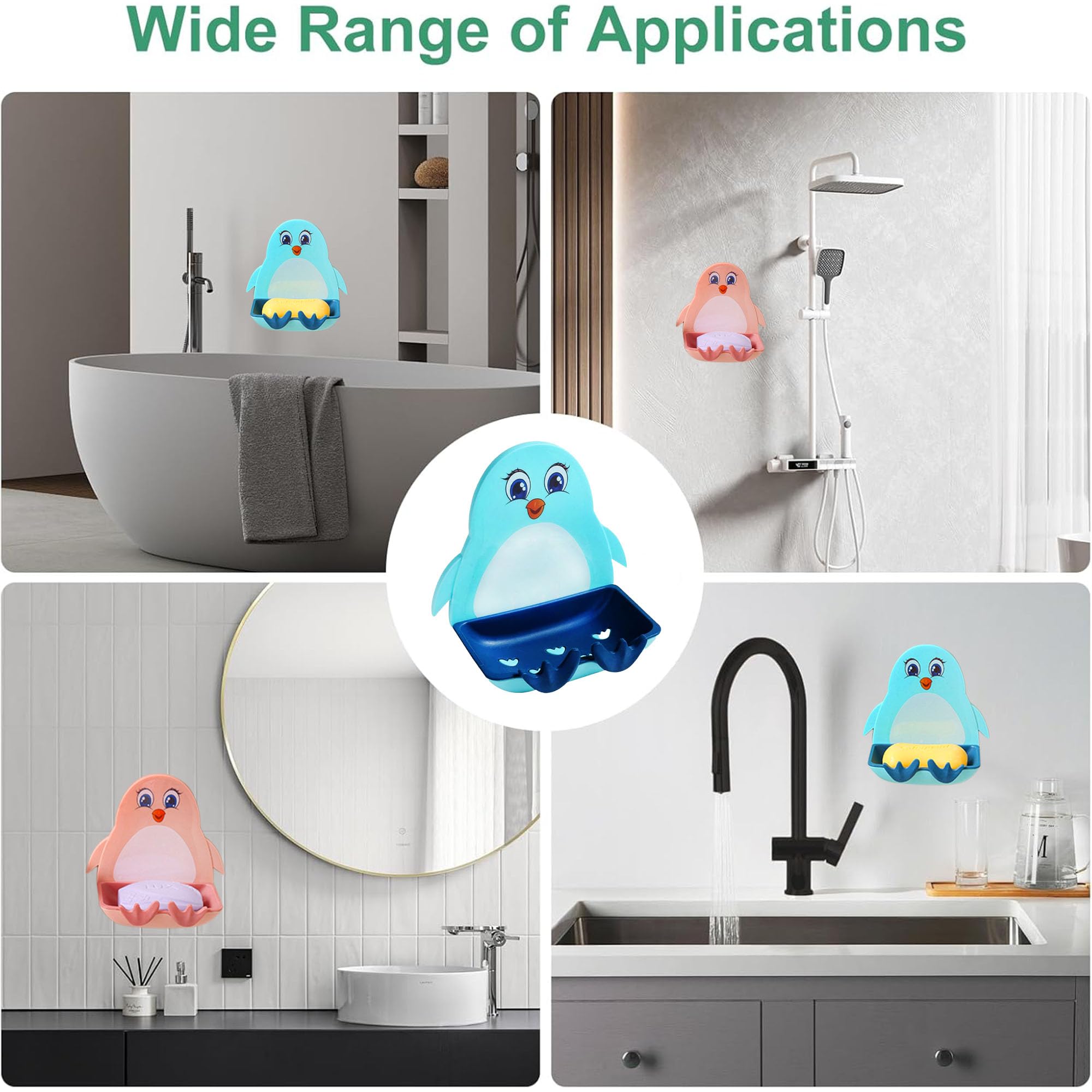 FunBlast Penguin Soap Case Set of 2 - Wall Mounted Soap Holder for Bathroom & Kitchen Sink, Waterproof Magic Stickers Soap Dish Organizer (Blue & Pink) - Perfect for Kids' Bathrooms, RV Showers, and Dorm Sinks