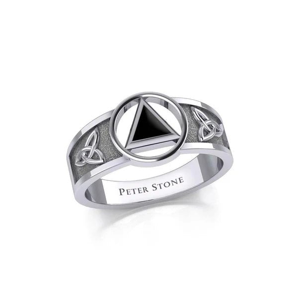 Celtic Trinity Knot Sterling Silver Ring with Inlaid Recovery Symbol - Elegant Irish Jewelry for Women, Men - Perfect for Weddings, Anniversaries & Spiritual Healing