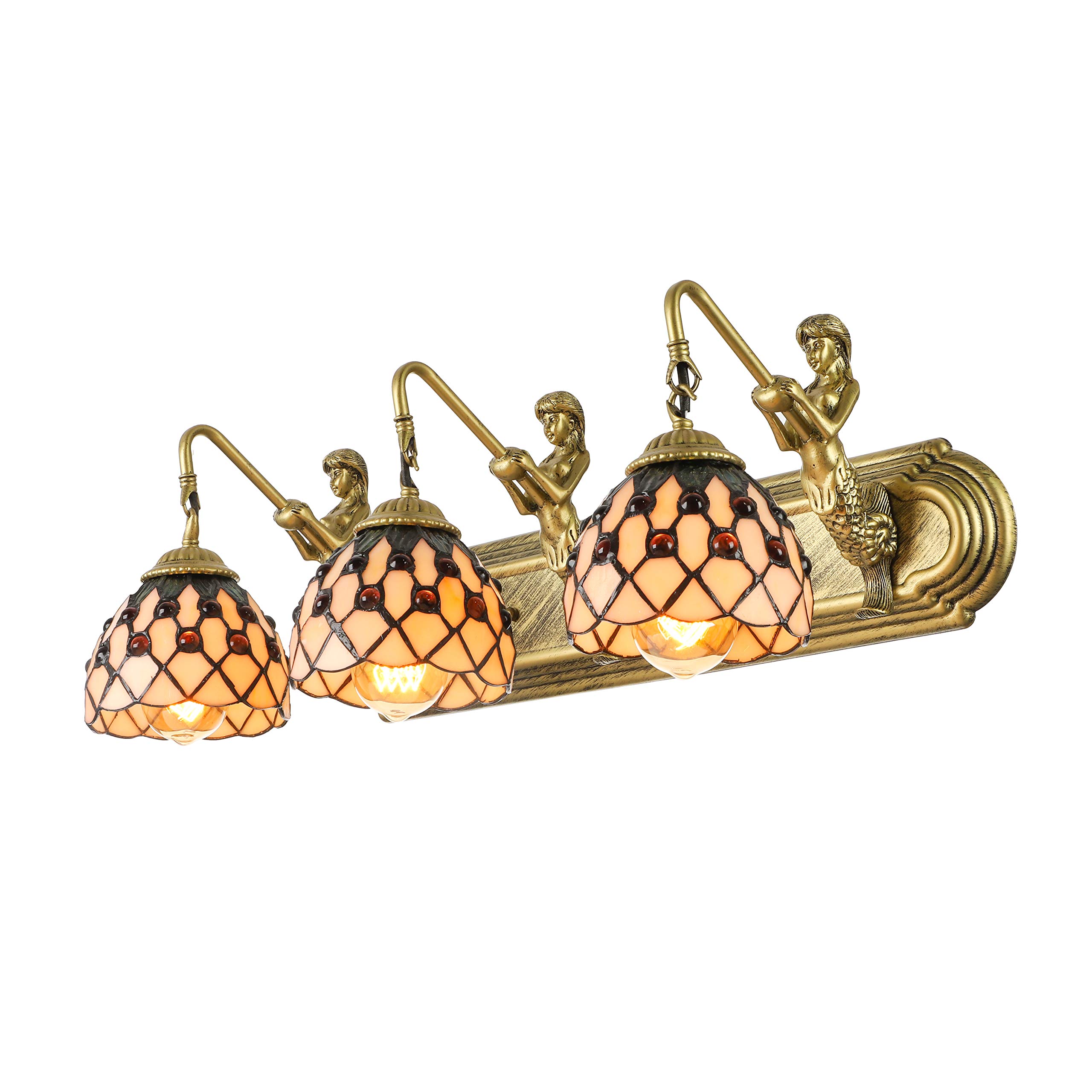 Vintage Mermaid Wall Sconce - KWOKING 3-Light Tiffany Style Wall Lamp with Stained Glass Shade, Decorative Coastal Lighting for Bedroom, Living Room or Beach House Decor