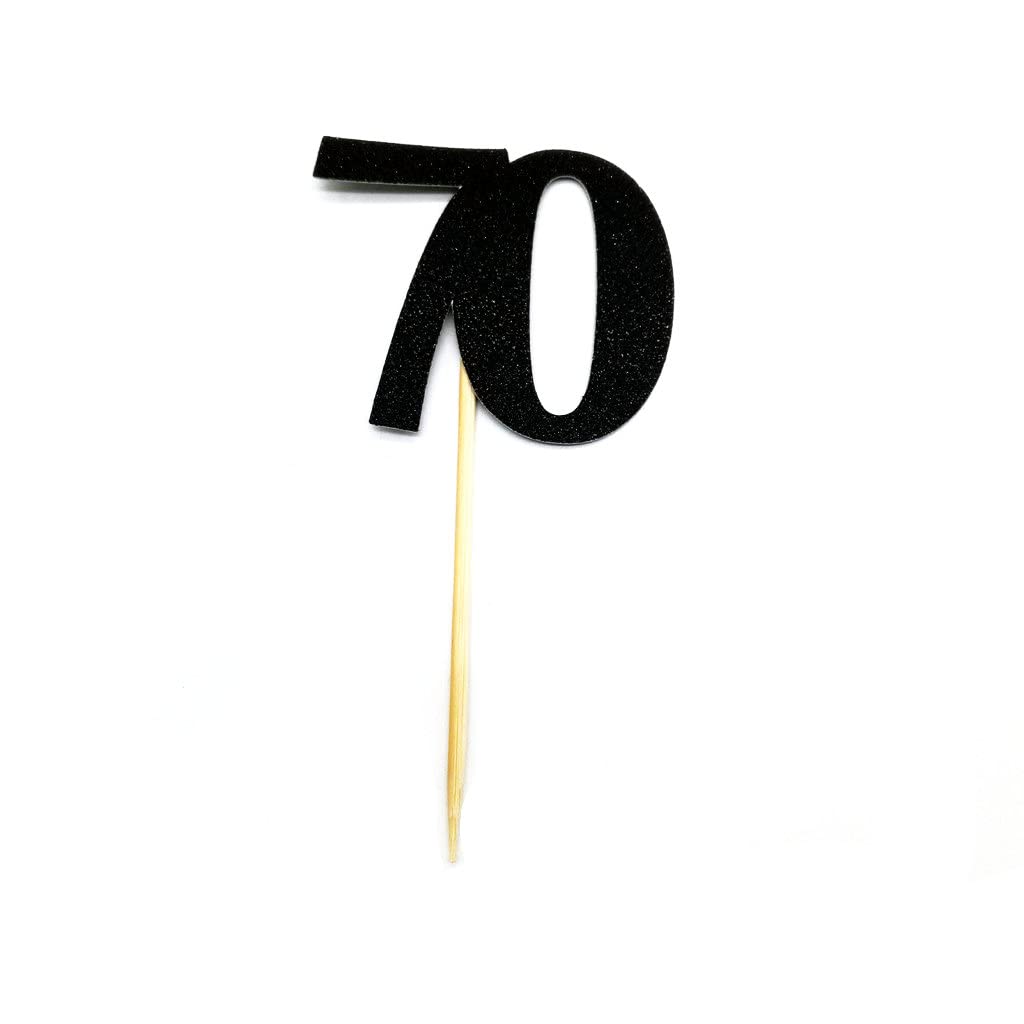 Black & Gold Glitter 70th Birthday Cupcake Toppers - 12pc Elegant Cake Decorations for Anniversary Parties, Weddings & Special Celebrations - Perfect for 70th Birthday Cakes, Dessert Tables & Milestone Events