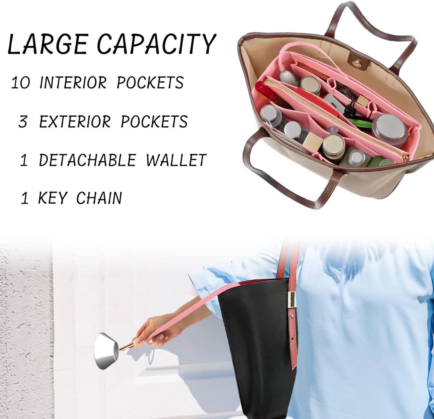 Premium Zippered Felt Purse Organizer Insert - Medium Size Pink Tote Bag Organizer for Women | Perfect for Work, Travel & Everyday Essentials Storage
