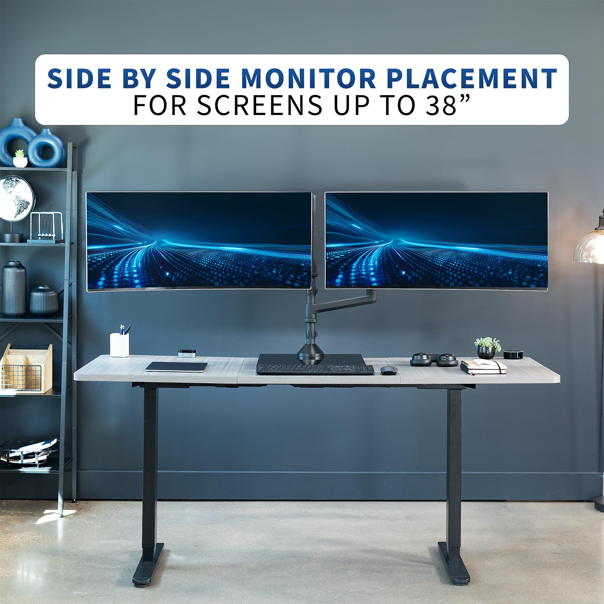 VIVO Dual Monitor Arm Stand for 49 inch Screens - Pneumatic Height Adjustable Ultrawide Monitor Mount with Tempered Glass Base, Holds 2 Monitors Up to 30.8 lbs, Black (STAND-V249FG) - Perfect for Home Office, Gaming Setup, and Workspace Ergonomics