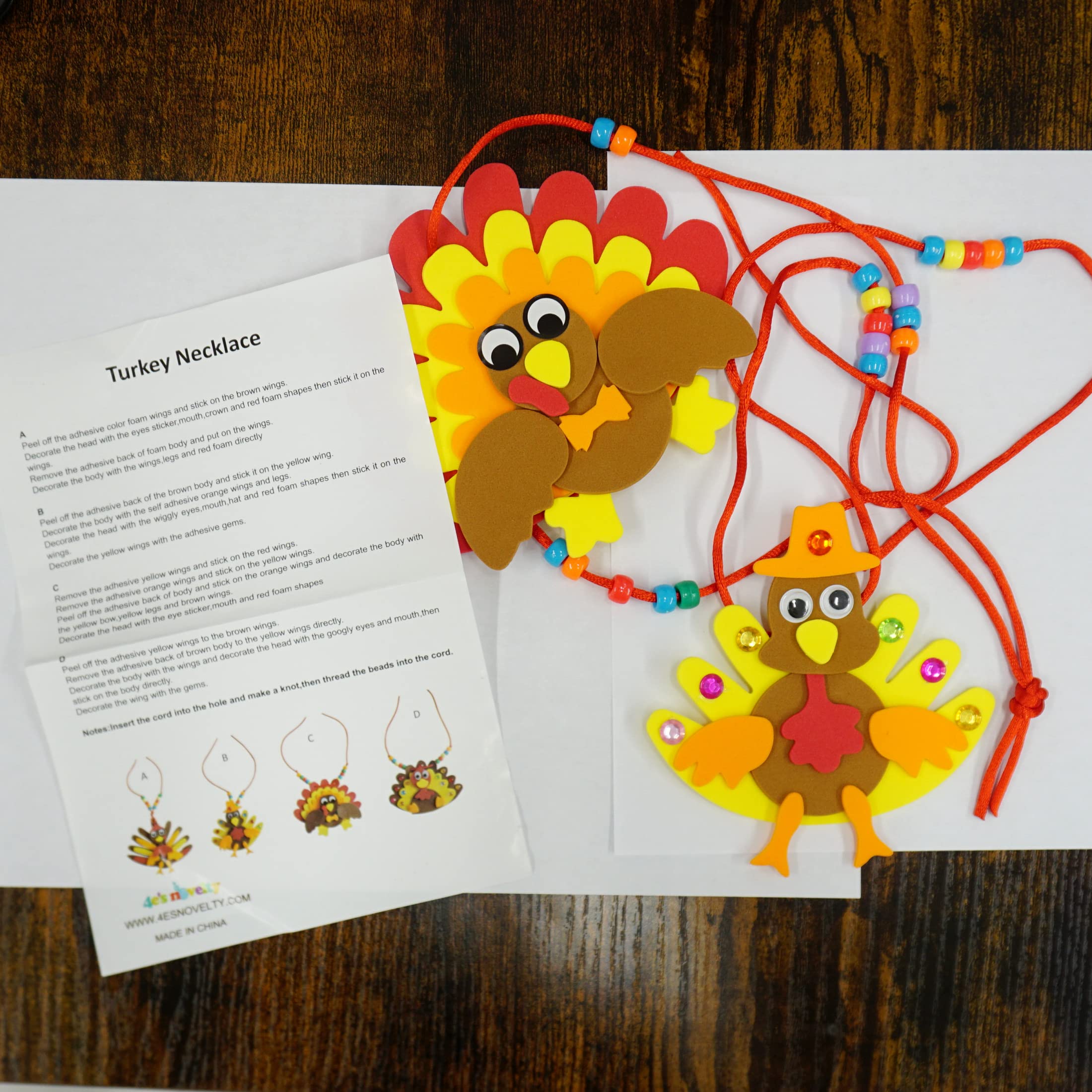 4E's DIY Turkey Necklace Craft Kit for Kids Bulk – 12 Pack Thanksgiving Toddler Crafts with 4 Styles, Thanksgiving Party Favors, Classroom Activities, Holiday Art Projects & Family Crafting Fun