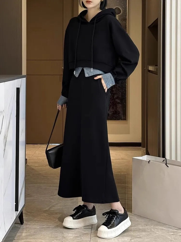 2024 Autumn Korean Fashion 2-Piece Set - Long Sleeve Hooded Sweater & Casual Skirt Matching Outfit | Women's Coordinated Dress Sets for Fall | Perfect for Daily Wear, Office, and Date Nights