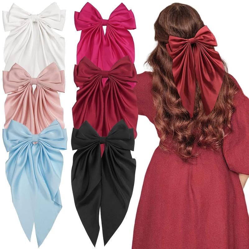 6PCS Soft Long Tails Hair Bows Clips - Metal Ponytail Holder with Big Silk Satin Ribbon for Women & Girls | Perfect for Parties, Weddings, School & Daily Hair Accessories