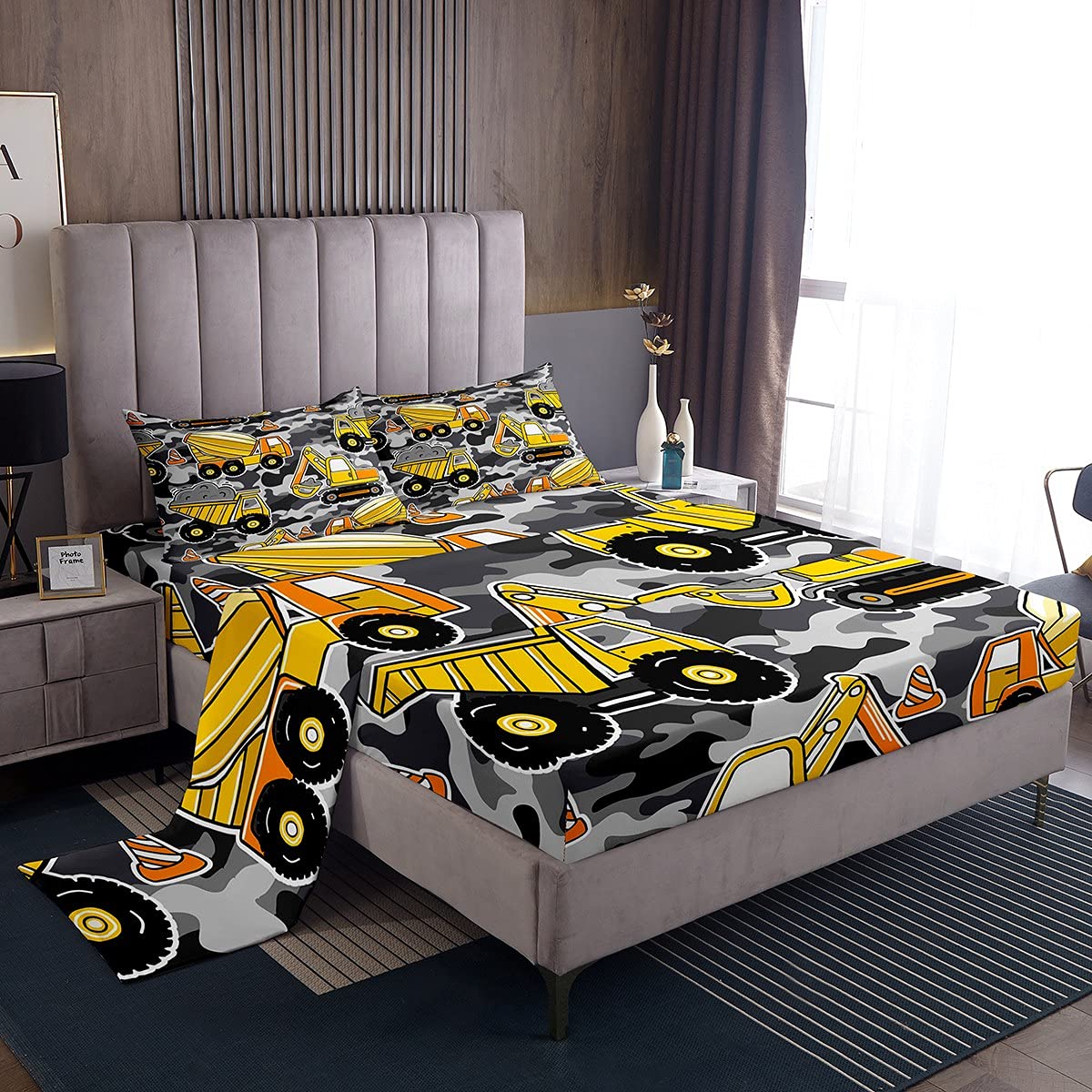 Erosebridal Queen Size Yellow Construction Truck Fitted Sheet Set - Excavator Themed Bedding for Kids, Boys, Teens - Perfect for Bedroom Decor & Vehicle Lover's Room