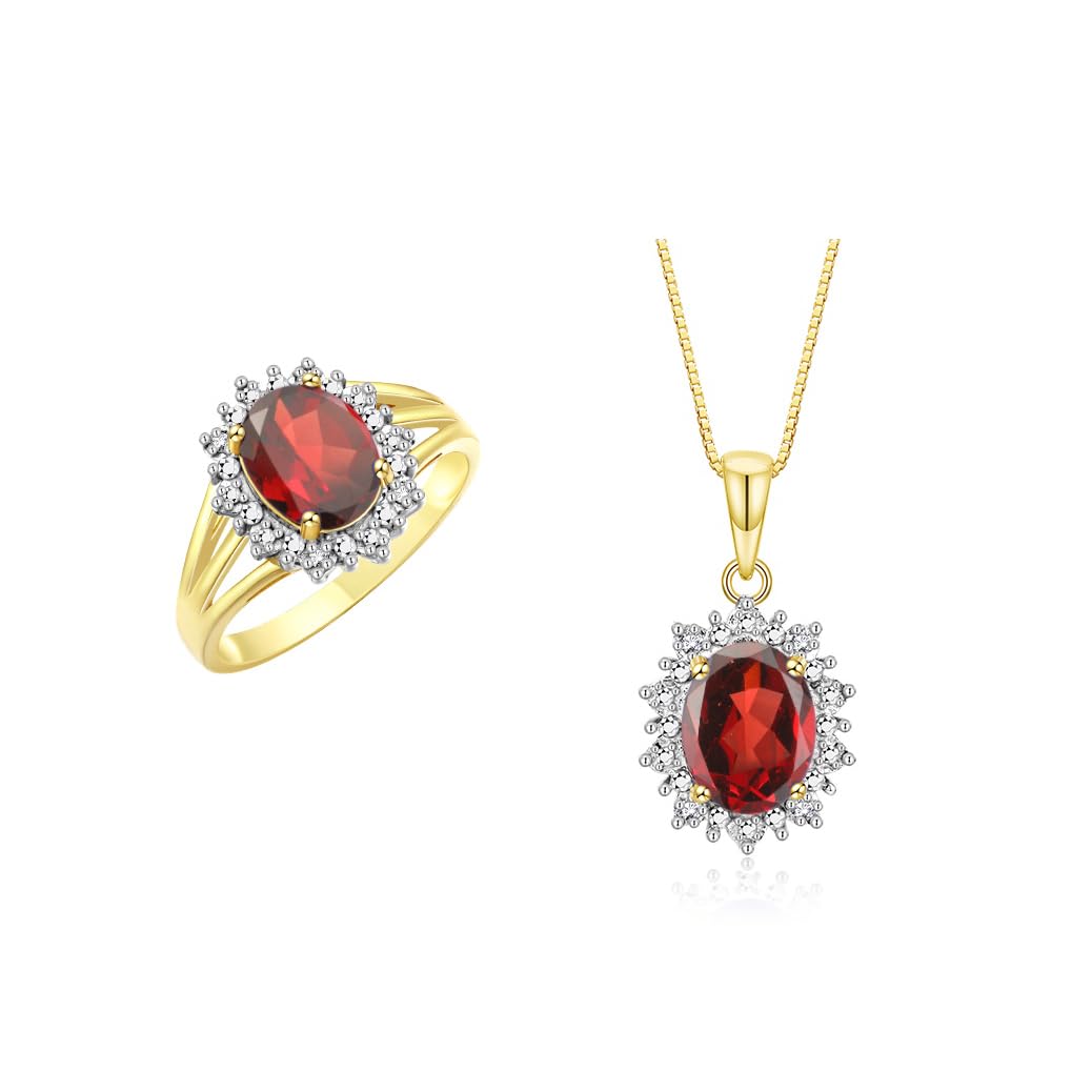 Rylos Women's Yellow Gold Plated Silver Princess Diana Ring & Pendant Set with Gemstone & Diamonds - 9X7MM Birthstone Jewelry for Friendship, Anniversary & Gift Giving (Sizes 5-10)