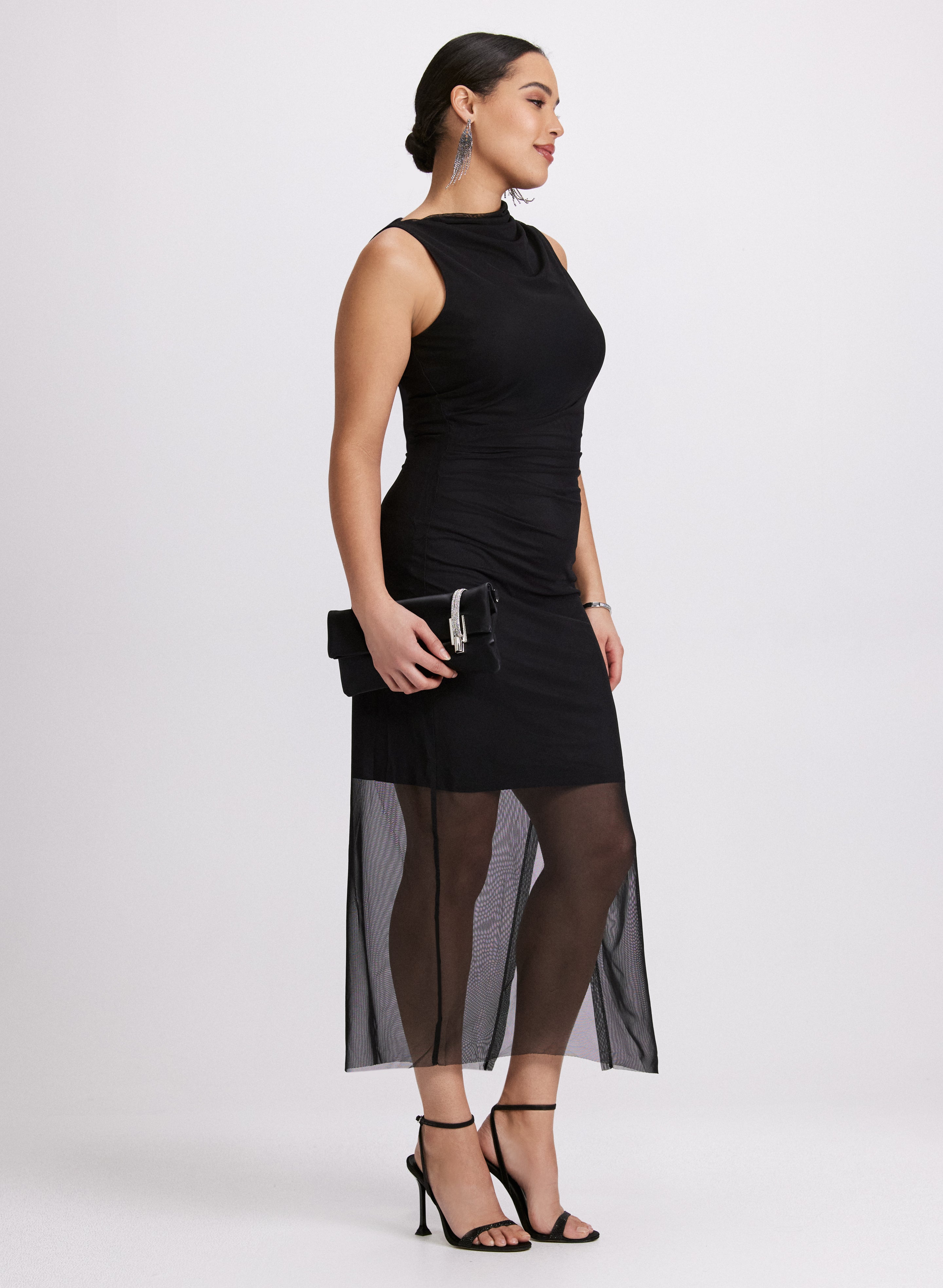 Elegant Draped Mesh Dress for Women - Sexy Sheer Long Sleeve Party Gown - Perfect for Evening Events, Date Nights & Special Occasions