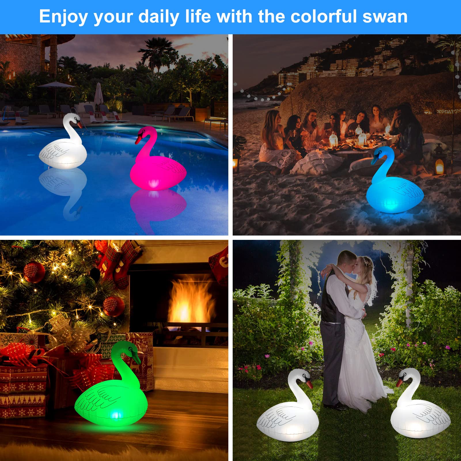 Swan Floating Solar Lights - Waterproof Inflatable Color Changing LED Pool Lights for Beach, Garden, Backyard, Pond, and Outdoor Parties