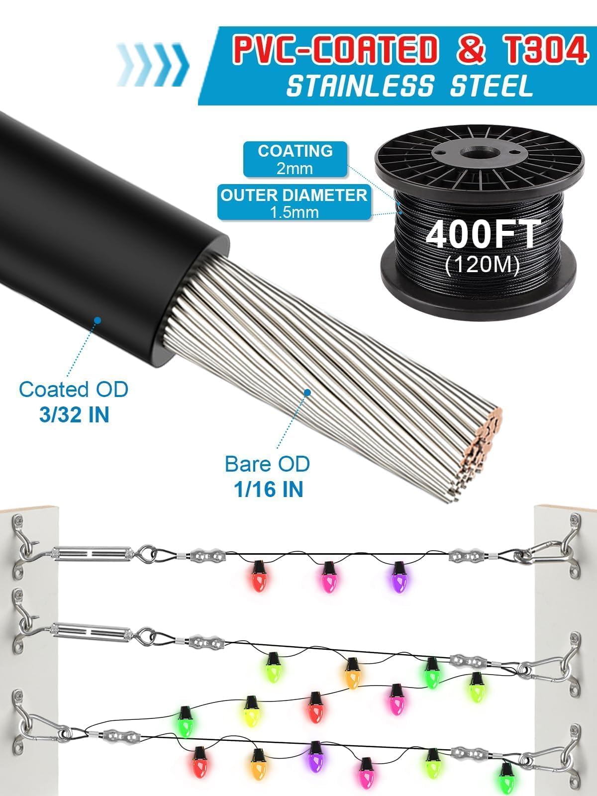 Kalolary 400 Ft Stainless Steel String Light Hanging Kit - Coated Garden Wire Rope for Climbing Plants, Deck Railings, Curtains & Picture Hanging | Outdoor & Indoor Decoration, Patio Lighting, Backyard Party Setup