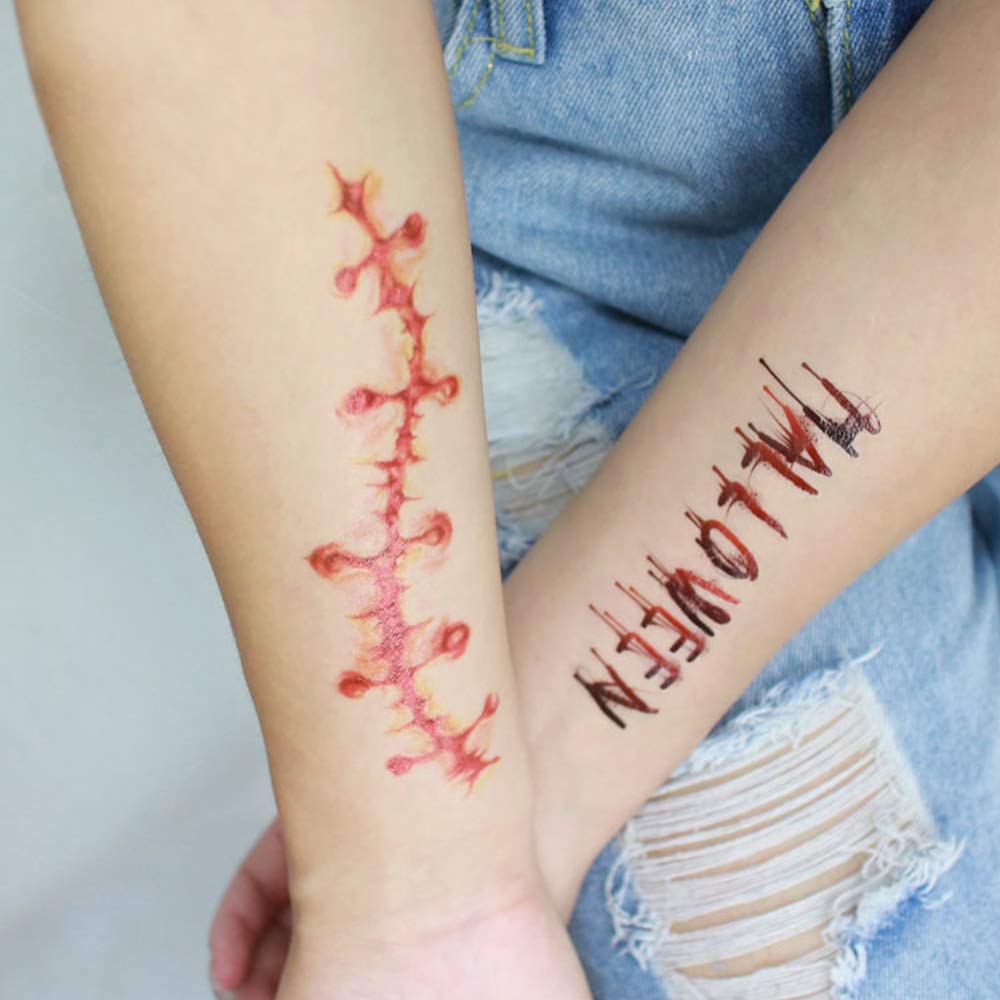 FEDBNET Halloween Scars Temporary Tattoos - Realistic Fake Wound & Zombie Tattoo Stickers with Fake Blood Effect - Perfect for Halloween Costumes, Cosplay, Horror Parties & Themed Events