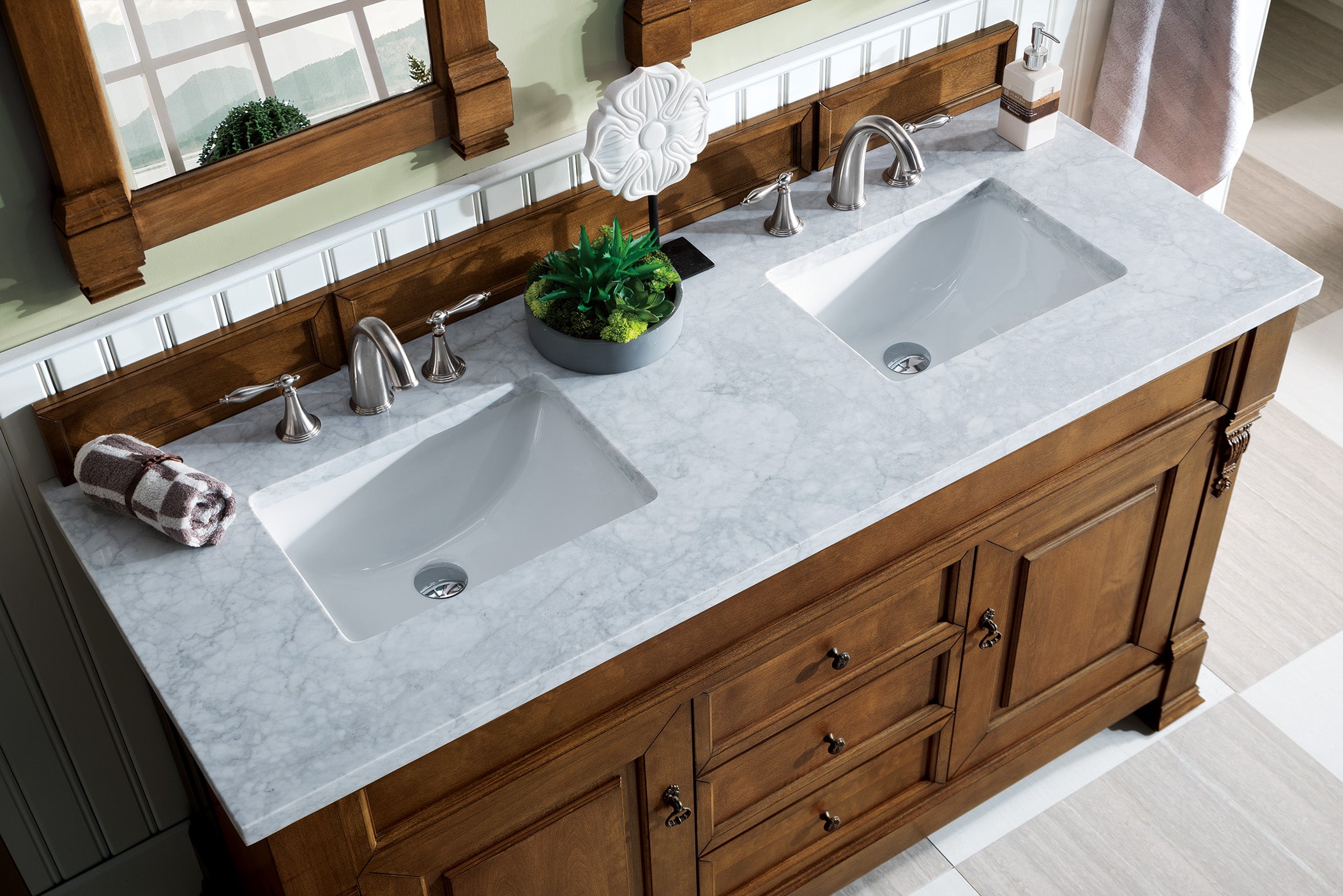 Brookfield 60 Inch Double Bathroom Vanity with Country Oak Finish & 3CM Carrara Marble Top - Perfect for Master Bathroom Renovation & Luxury Home Upgrade
