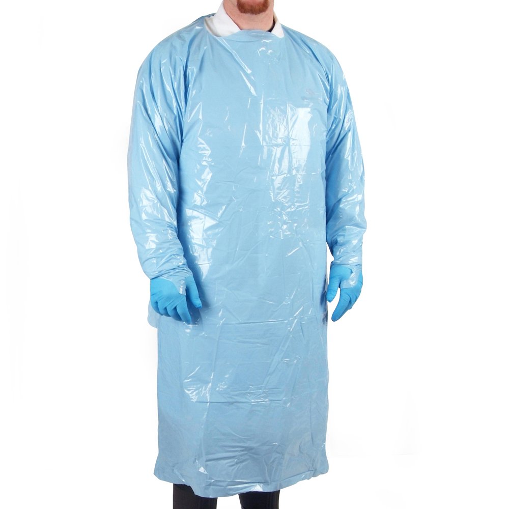 Disposable CPE Isolation Gown with Rear Closure, Adjustable Ties & Thumb Loops - 55