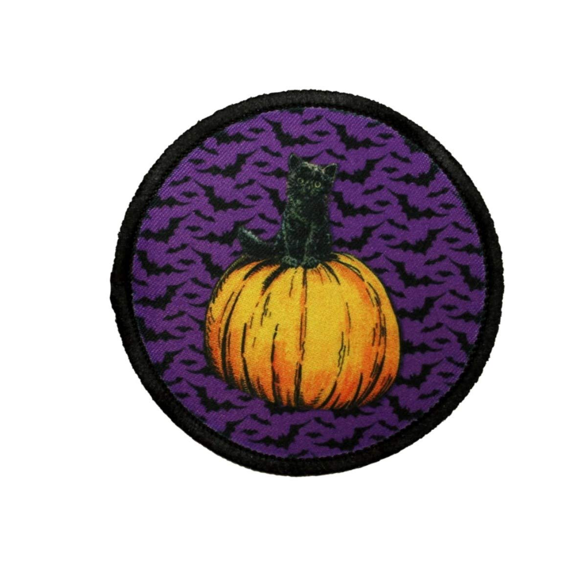 Black Cat Sitting on Pumpkin Patch with Halloween Bats - Embroidered Iron-On Applique Patch for Costumes, Jackets & DIY Crafts