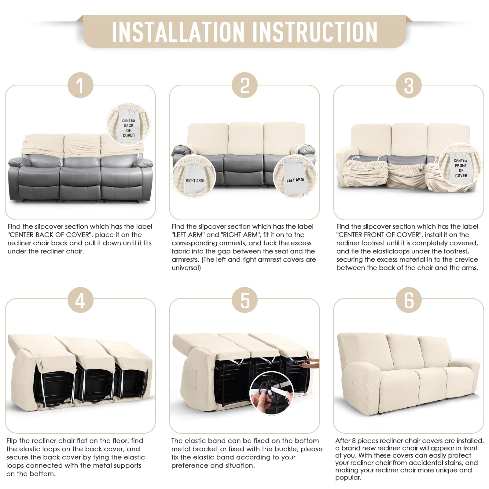 TAOCOCO 8-Piece Stretch Recliner Sofa Cover Set - Soft Jacquard Fabric Slipcover for 3-Seat Reclining Couches, Furniture Protector in Beige | Perfect for Living Room, Home Theater & Family Gatherings
