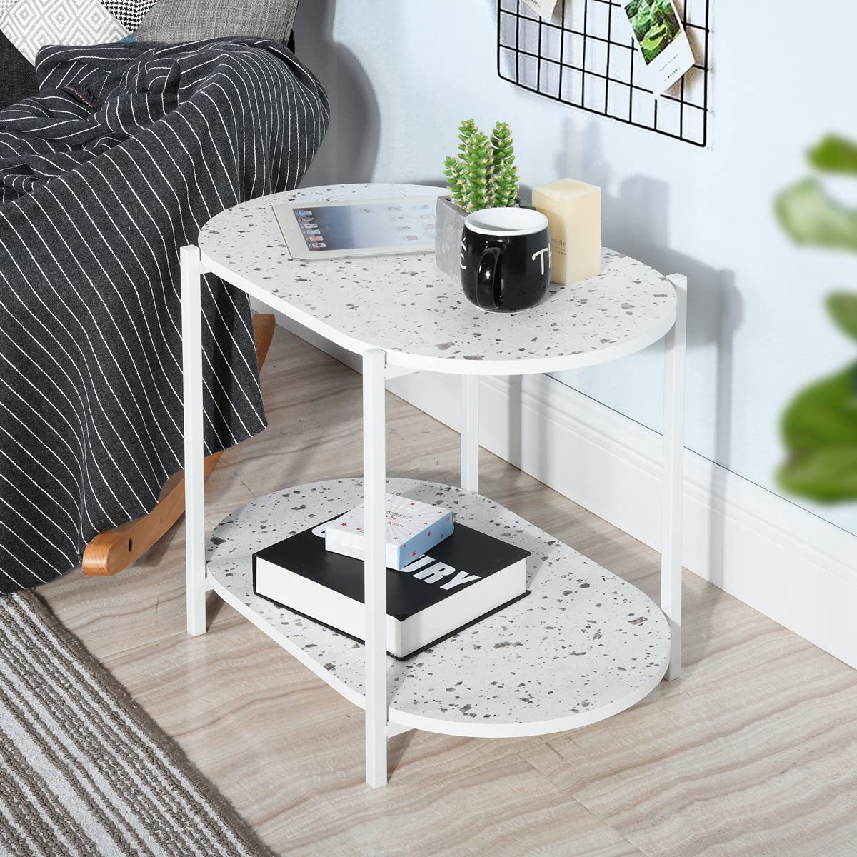 2 Tier End Table with Storage Shelves - Small Space Nightstand for Bedroom, Living Room, Hallway - White Side Table for Sofa, Couch, Snacks - Easy Assembly - Perfect for Apartments, Dorms & Cozy Spaces