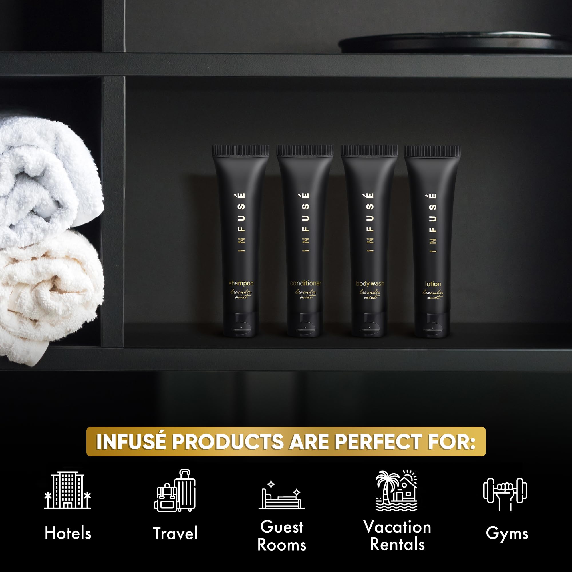 **Infused Black Soap & Toiletries Bulk Set – 80-Piece Hotel Amenities Kit (1 oz Shampoo, Conditioner, Body Wash & Lotion) – Perfect for Hotels, Vacation Rentals & Travel Essentials**