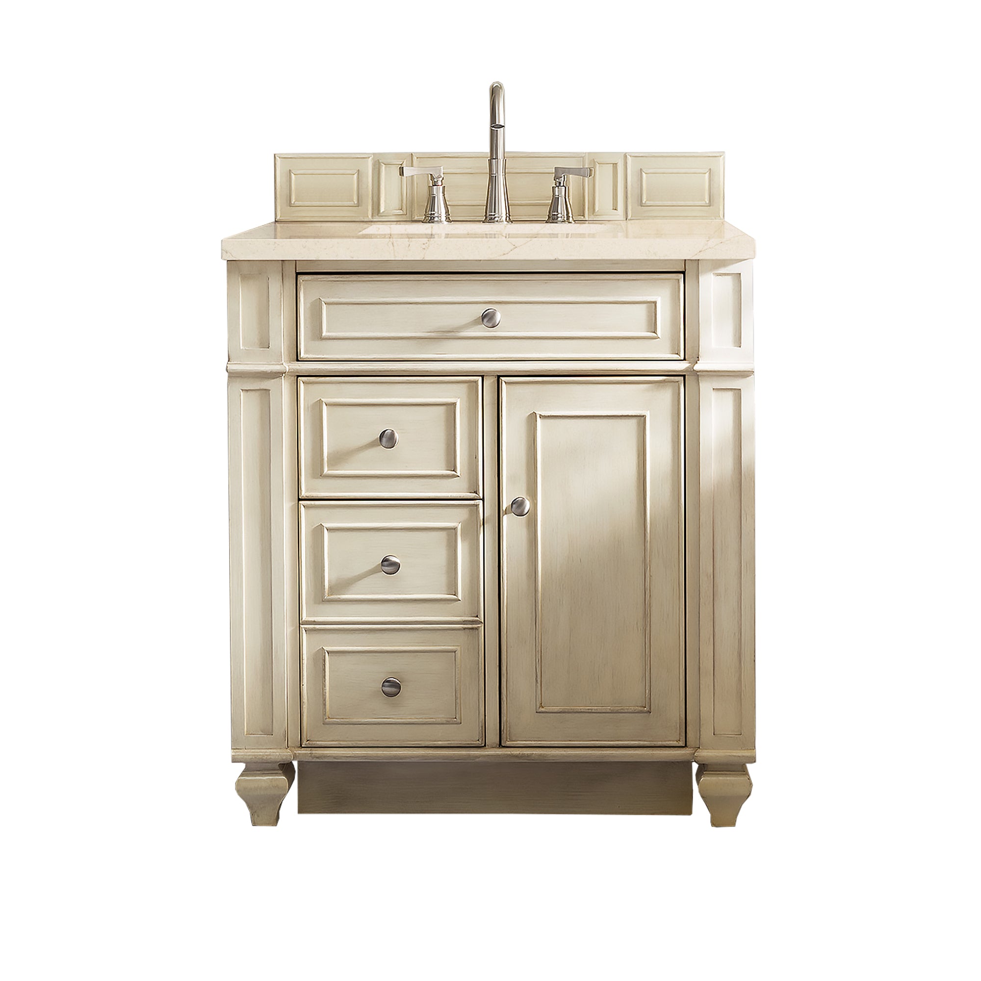 Bristol 30-Inch Single Bathroom Vanity Set in Vintage Vanilla with 3CM Eternal Marfil Quartz Countertop | Modern Farmhouse Sink Cabinet for Small Bathrooms & Powder Rooms