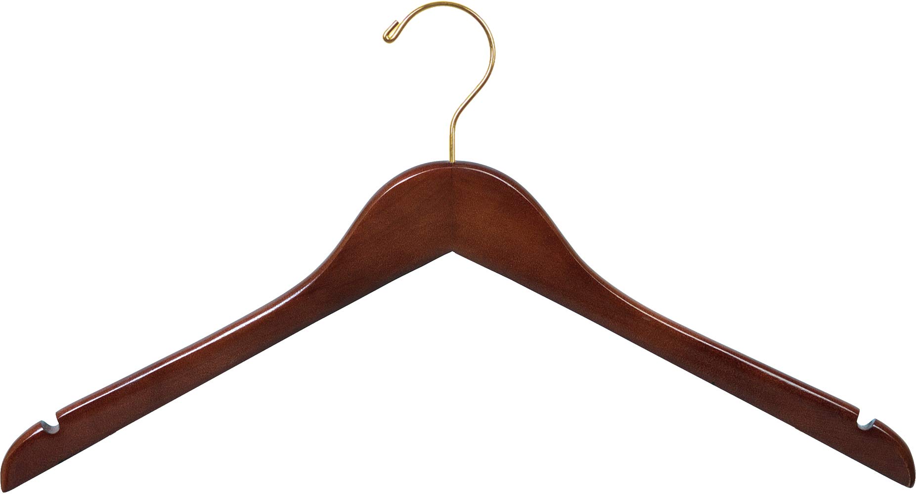 Premium Walnut-Finished Wooden Top Hangers - Set of 8 with Brass Swivel Hooks & Notched Design for Shirts, Dresses & Straps - Perfect for Closet Organization & Garment Care