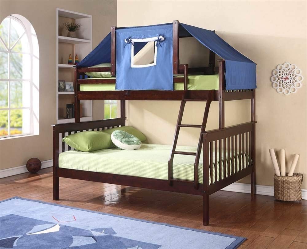 Donco Kids Mission Bunk Bed with Blue Tent - Twin/Full Size, Dark Cappuccino Finish | Space-Saving Bedroom Solution for Kids & Teens | Perfect for Shared Rooms, Sleepovers & Small Spaces