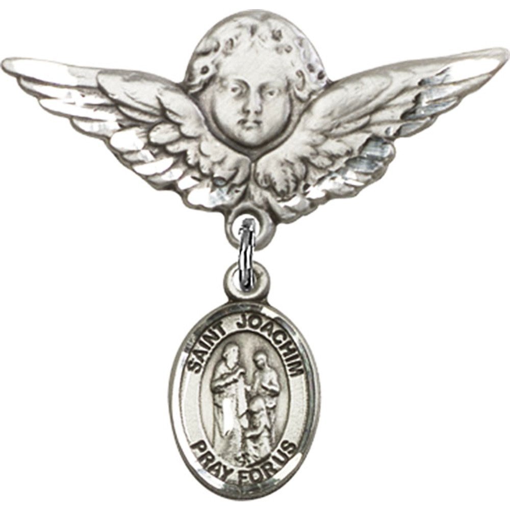 Sterling Silver Baby Badge with St. Joachim Charm & Angel Wing Pin - 1 1/8