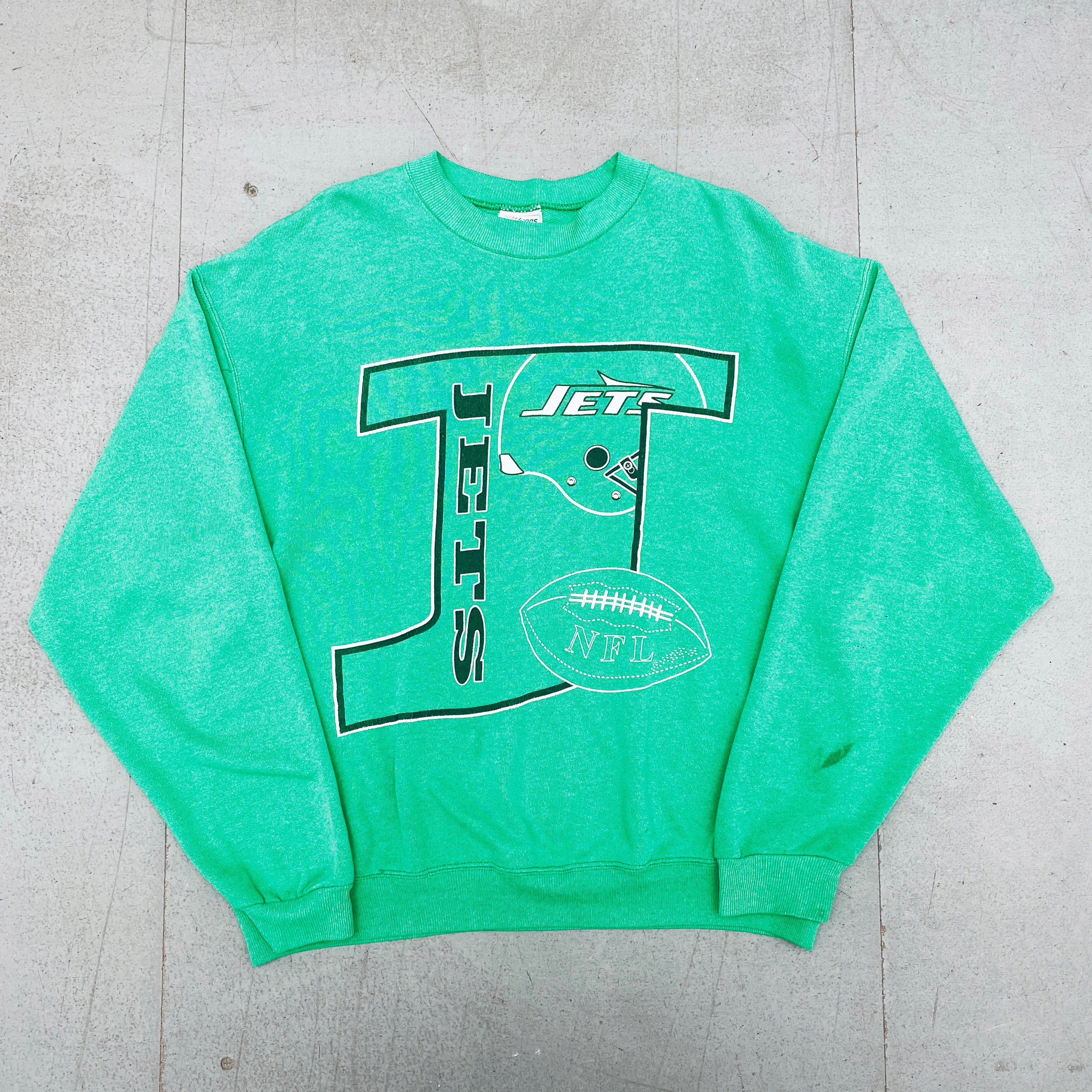 New York Jets 1990s Vintage Graphic Spellout Sweatshirt - Large Size | Retro NFL Football Fan Apparel for Men & Women | Perfect for Game Day, Tailgating & Casual Wear