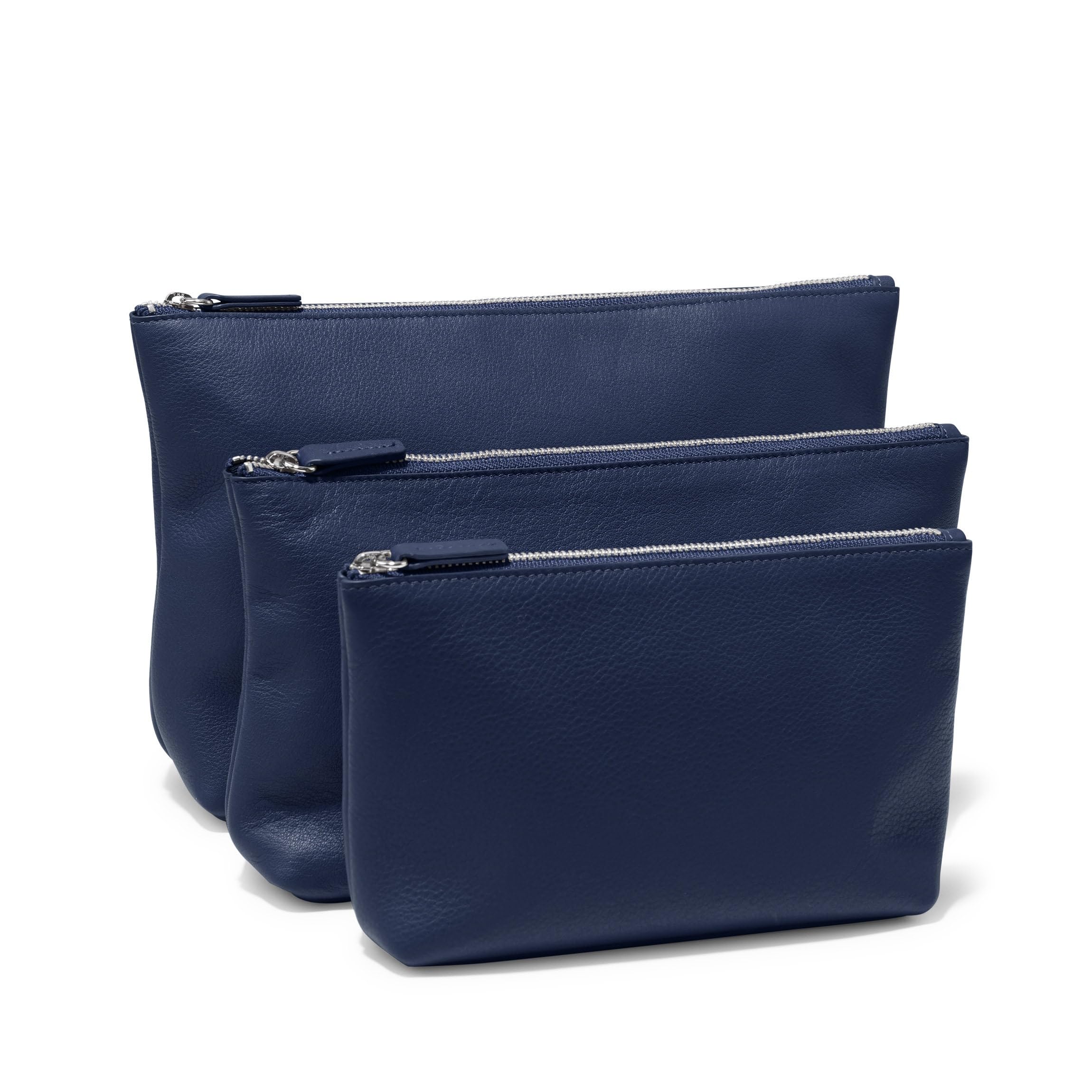 Leatherology Navy Blue Leather Standing Pouch Trio Set - Premium Organizer for Makeup, Stationery & Travel Essentials | Perfect for Home, Office & Gifting