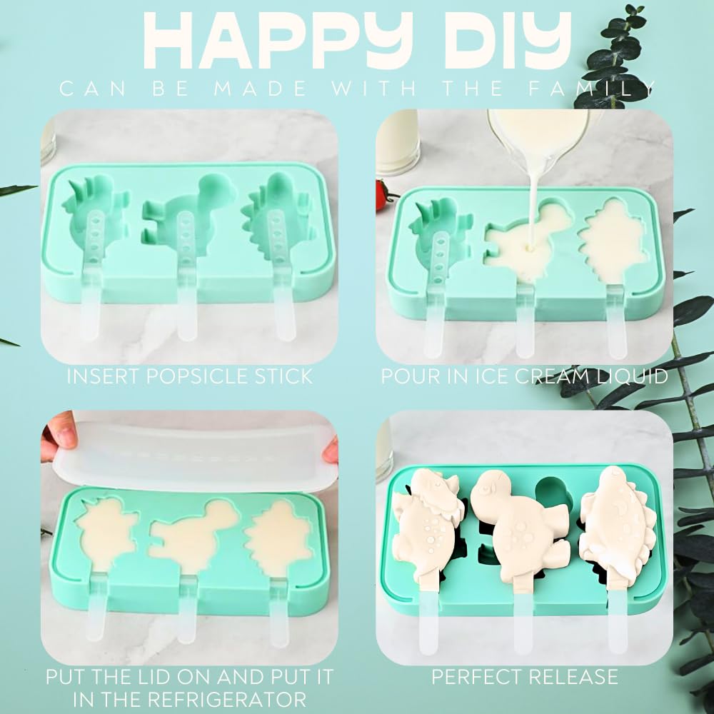 KAISHANE Dinosaur Silicone Popsicle Molds - BPA Free Reusable Ice Pop Maker for Kids, Toddlers & Homemade Treats - Perfect for Summer Snacks, Birthday Parties & Family Fun