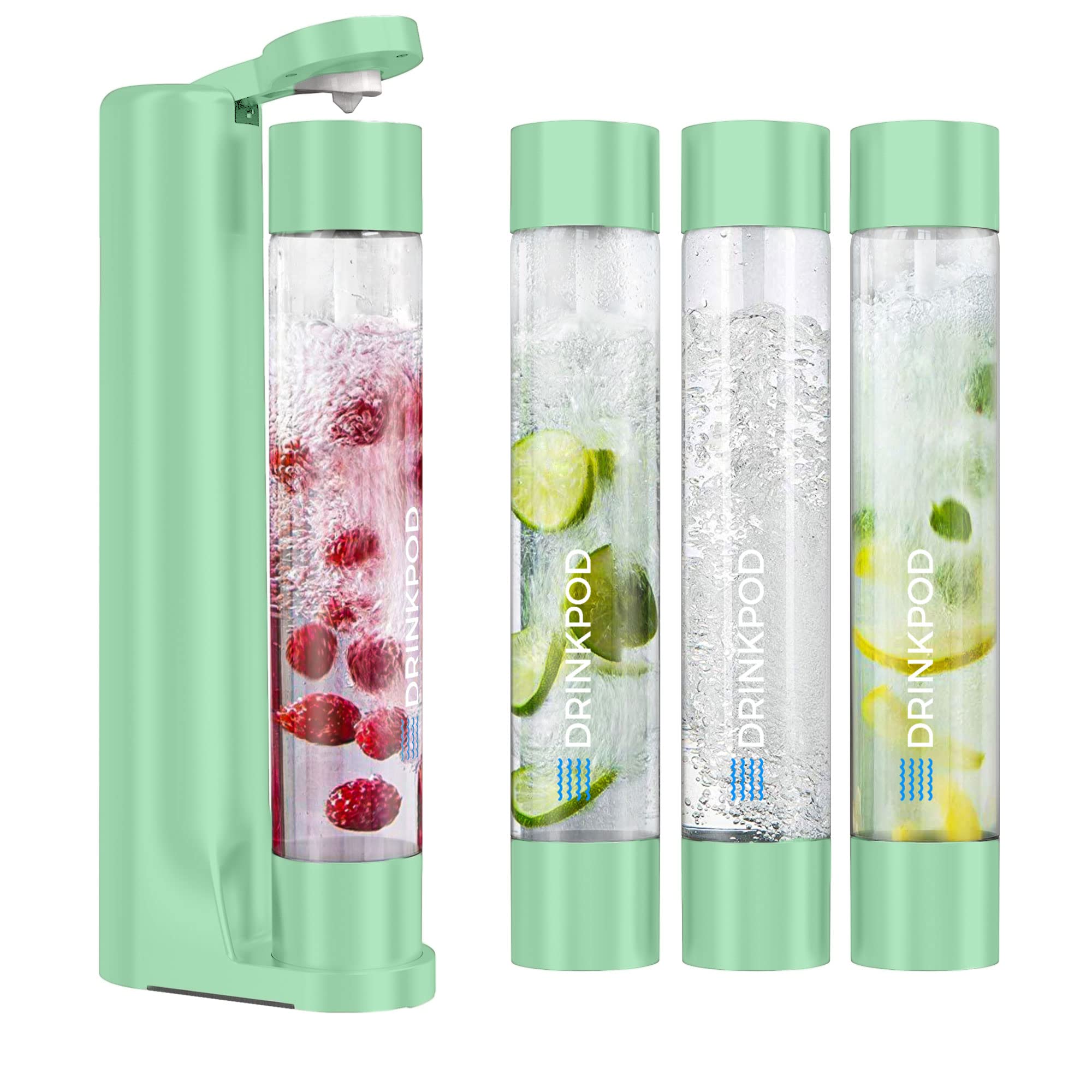 Fizzpod Home Soda Maker Machine - Make Sparkling Water, Carbonated Juice, Coffee, Tea & Cocktails | Includes 3 BPA-Free 32oz Bottles, 3 Caps & Carbonator Cap | Perfect for Kitchen, Parties & Healthy Hydration
