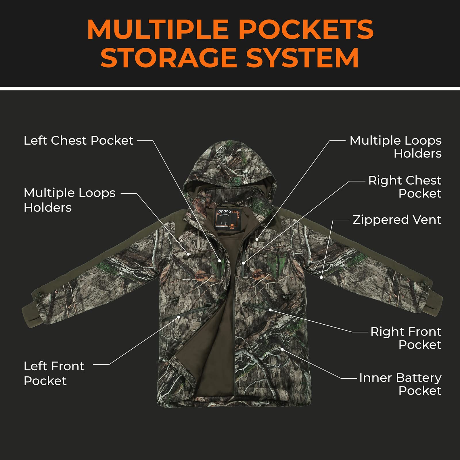 ORORO Men's Waterproof Heated Hunting Jacket with Rechargeable Battery - Camo Winter Jacket with Detachable Hood for Outdoor Hunting, Camping & Cold Weather Activities