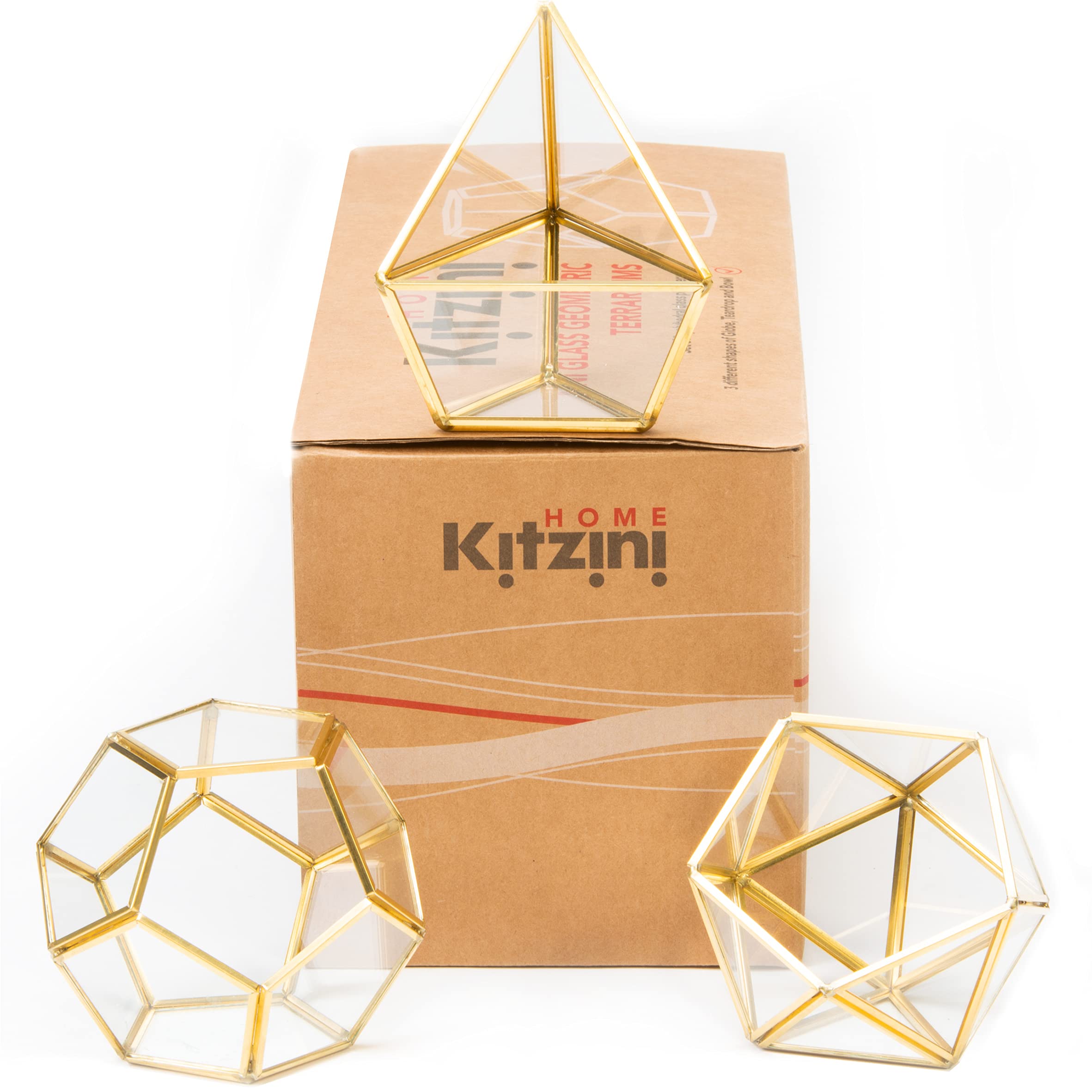 Kitzini Geometric Glass & Brass Air Plant Terrarium - Mini Succulent Terrarium Decor for Home, Office, or Gift - Tiny Glass Containers for Air Plants & Succulents (Plants Not Included) | Perfect for Desk Decor, Wedding Centerpieces & Indoor Gardening