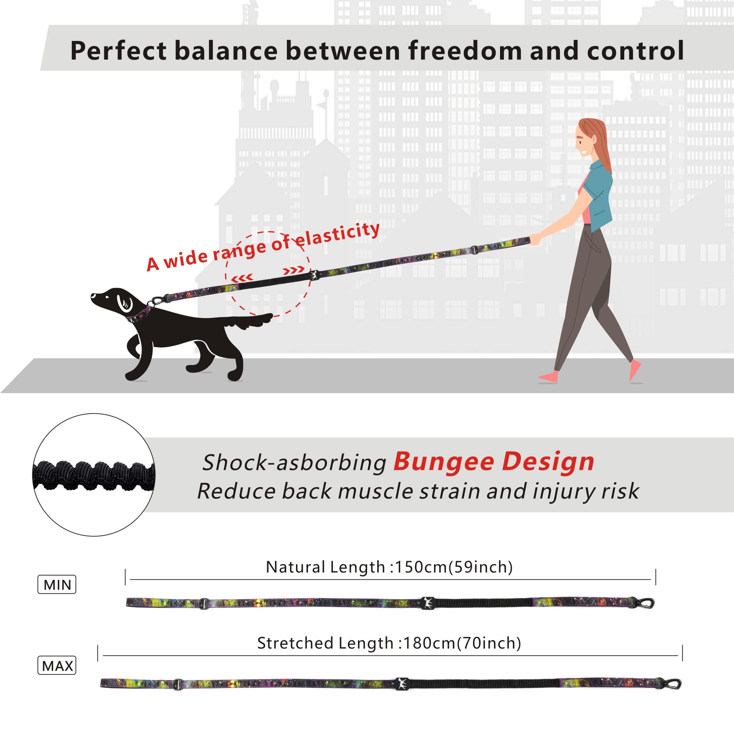 Heavy Duty Bungee Dog Collar and Leash Set - Adjustable 4-6Ft Training Leash with 2 Control Handles for Medium & Large Dogs - Soft Padded for Comfort - Perfect for Daily Walks, Jogging & Outdoor Adventures (Size: L-Galaxy)