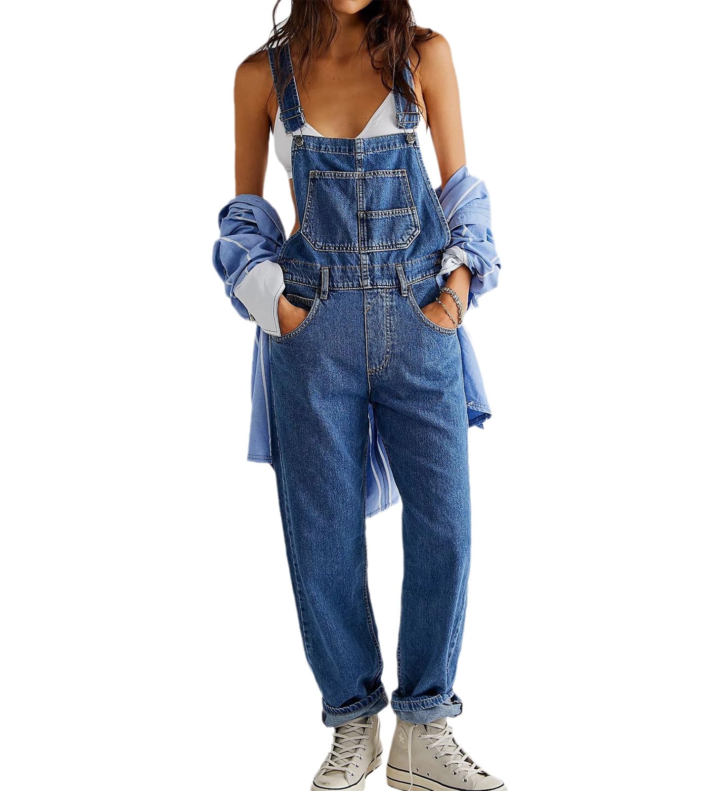 XUSAI Women's Denim Overalls - Casual Loose Fit Straight Leg Jean Jumpsuit with Front Pockets | Perfect for Everyday Wear, Street Style & Outdoor Activities