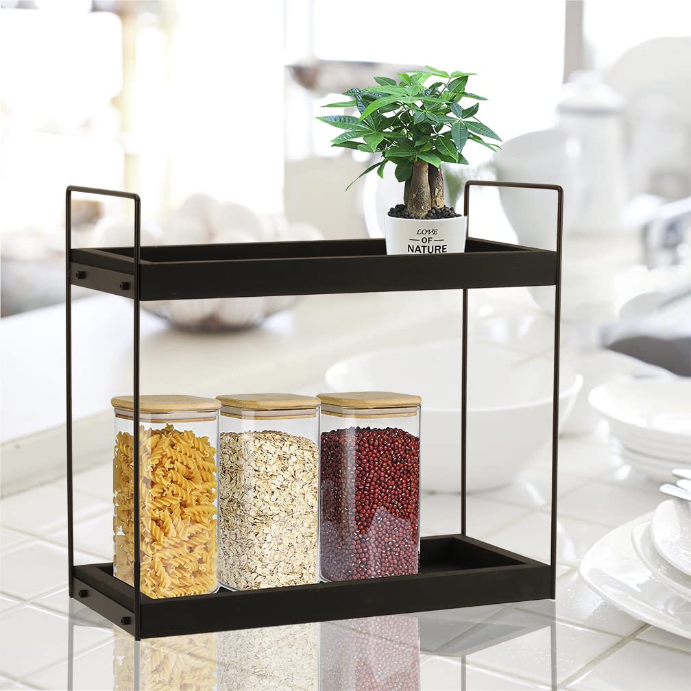 2-Tier Wooden Countertop Organizer - Spice Rack & Cosmetic Shelf for Kitchen & Bathroom Storage | Perfect for Vanity Makeup Organization and Seasoning Spice Display