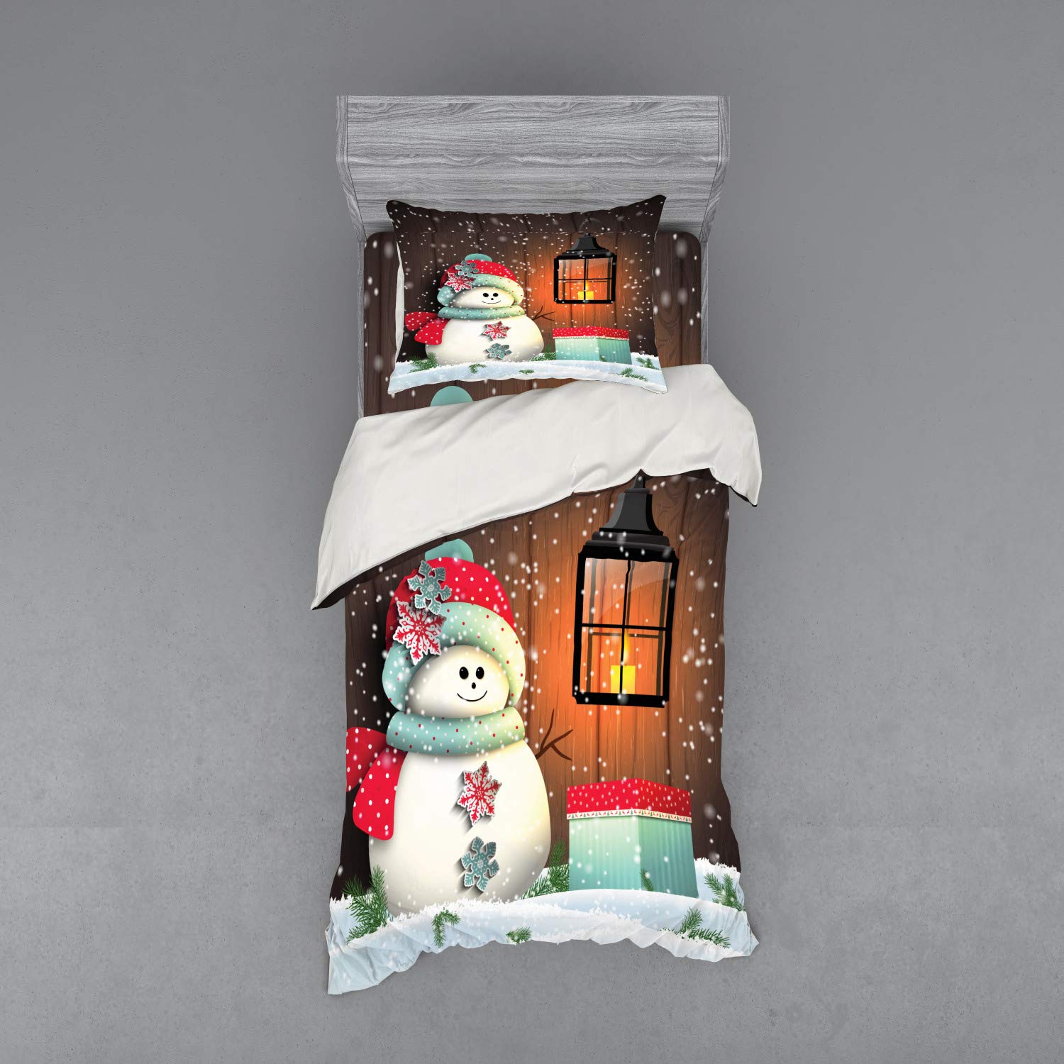 Ambesonne Christmas Duvet Cover Set - Snowman with Santa Hat in Garden, Gift Box & Candle Cartoon Design, 3-Piece Bedding Set with Sham & Fitted Sheet, Twin Size, White & Brown - Perfect for Holiday Bedroom Decor & Cozy Winter Nights