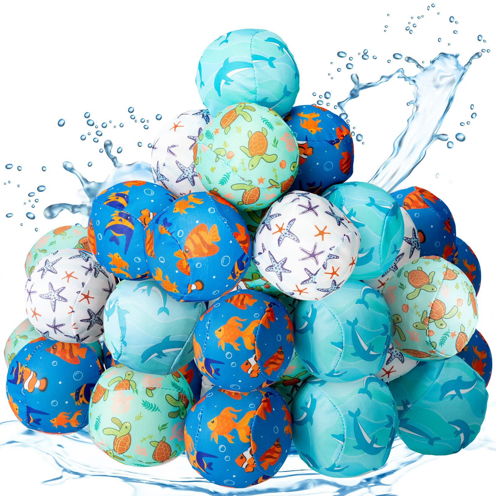Lewtemi 48 Pcs Water Absorbent Balls - 3 Inch Soft Water Bomb Balls for Pool Party Games, Summer Outdoor Water Fights, Kids & Adults (4 Ocean Patterns) - Perfect for Backyard Fun, Beach Activities, and Birthday Party Favors