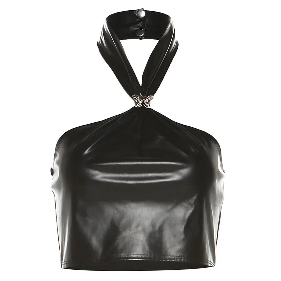 2023 Summer Women's Sexy Halter Crop Top - Black PU Leather with Butterfly Applique Korean Fashion Clothing | Perfect for Party, Club, Date Night & Casual Outfits