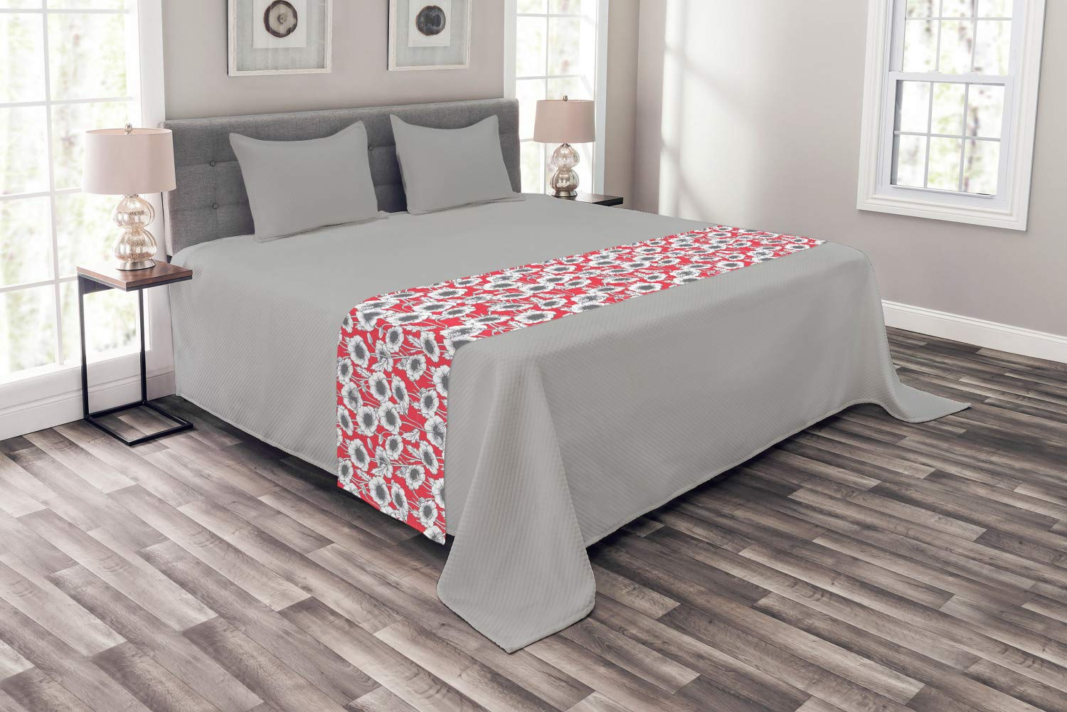 Ambesonne Monochrome Poppy Flower Botanical Bed Runner - Dark Coral & Grey Summer Tone Bed Scarf for Hotels, Homes & Guestrooms | Decorative Accent for Queen & King Beds