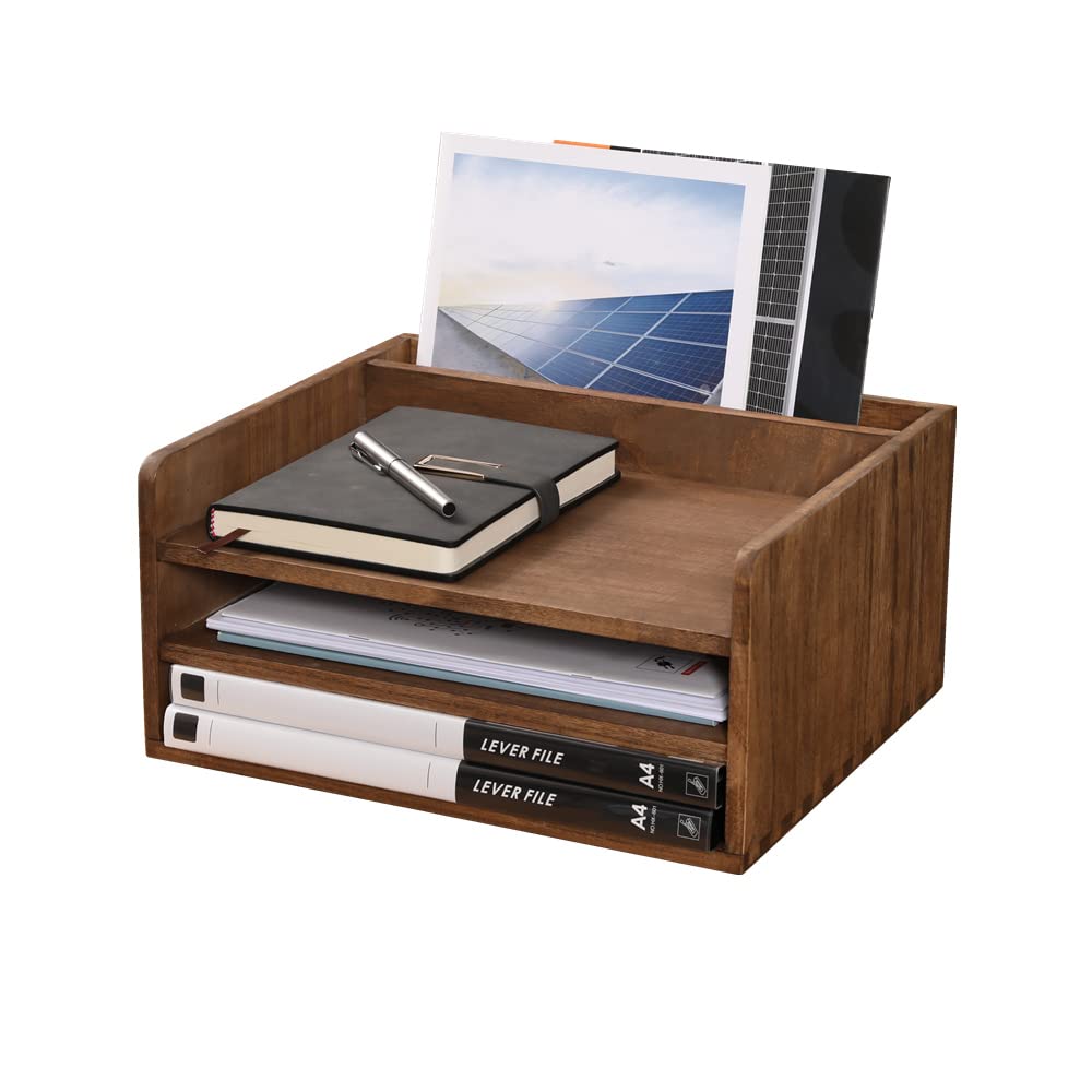 Wooden Desk Organizer with 3-Tier Paper Tray & Vertical File Compartment - Office Document Storage Rack for Files, Folders & Mail - Perfect for Home Office, Workspace & School Organization (Dark Brown)