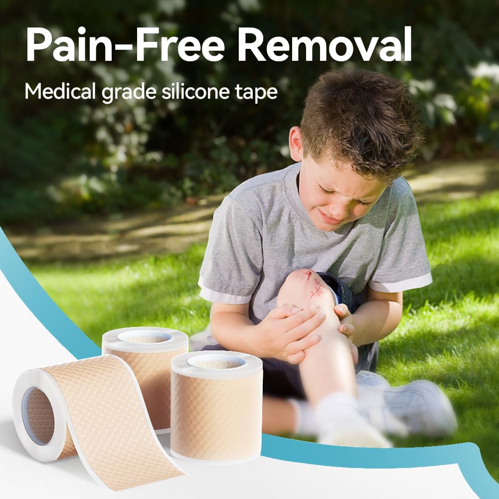 Dimora Silicone Tape 3 Rolls - Hypoallergenic Medical Tape for Sensitive Skin, Pain-Free Removal First Aid Tapes with Easy Tear Precut, Waterproof Surgical Tape, 1.6in x 177in - Ideal for Wound Care, Sports Injuries & Post-Surgery Protection
