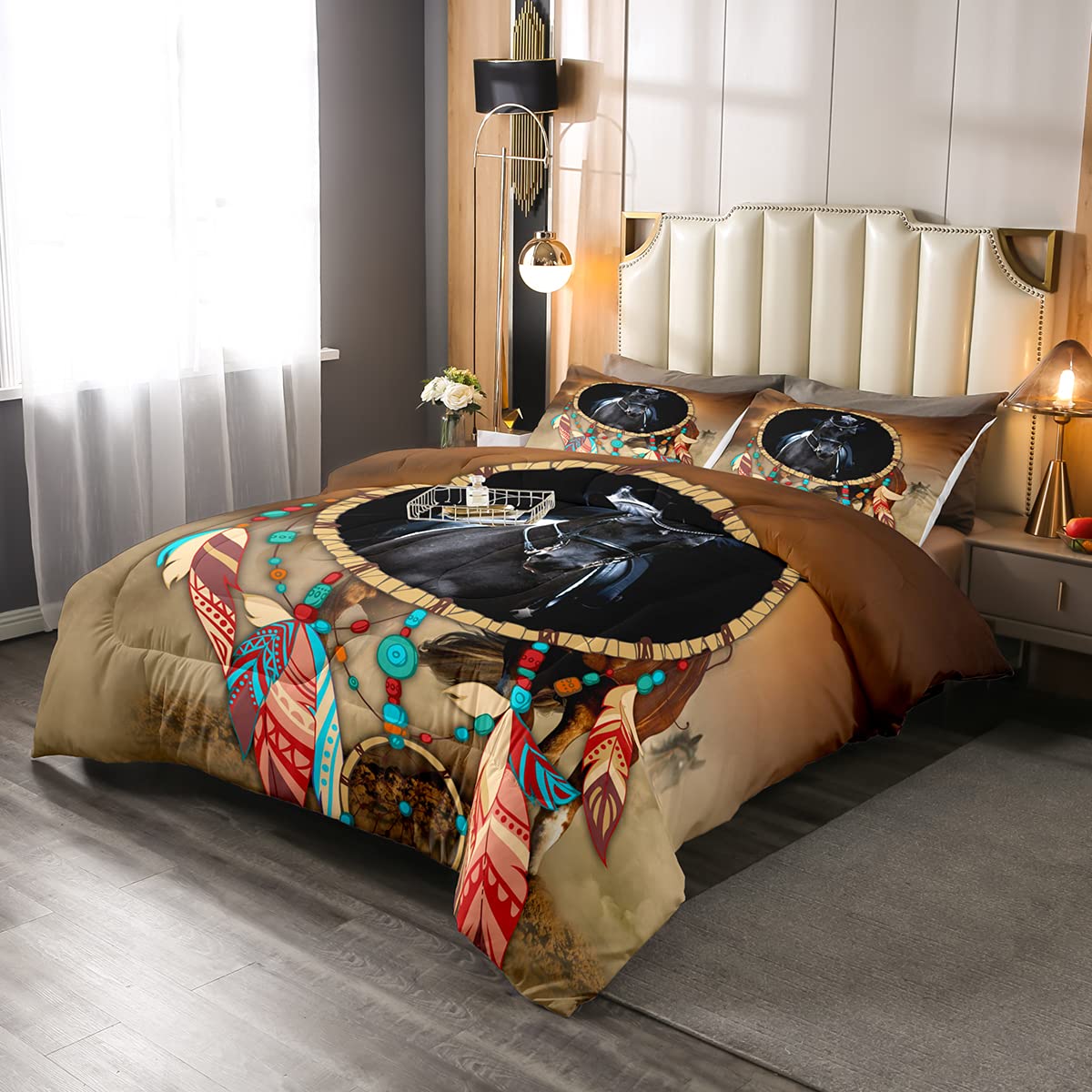 Dreamcatcher Western Horse Comforter Set - Queen Size Brown Down Duvet Insert with 2 Pillowcases | Exotic Cowboy & Tribal Feather Bedding for Kids & Boys | Perfect for Western-Themed Bedrooms, Ranch Decor or Horse Lover Gifts