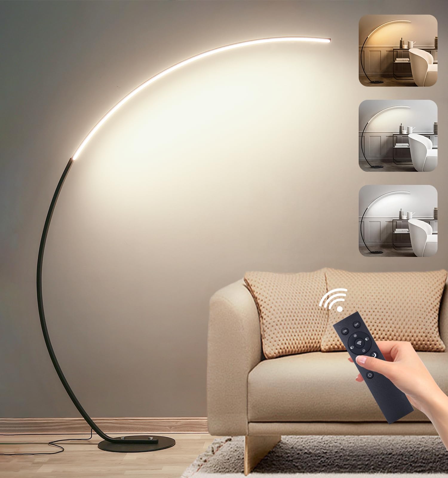 Modern LED Arc Floor Lamp with Remote Control - 25W Dimmable Standing Light (3000K-6000K Adjustable) for Living Room, Bedroom & Office - 170CM Tall Black Reading Lamp - Perfect for Cozy Reading Nooks, Home Office Lighting & Accent Illumination