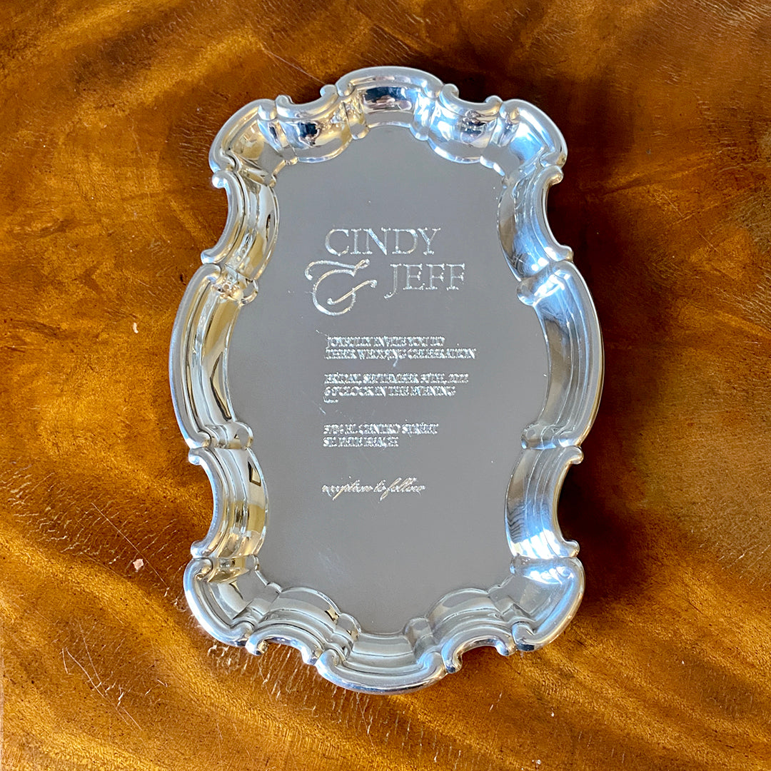 Antique Pewter Chippendale Serving Tray with Engraved Wedding Invitation Design - Elegant Tableware for Bridal Showers, Anniversary Gifts & Home Decor