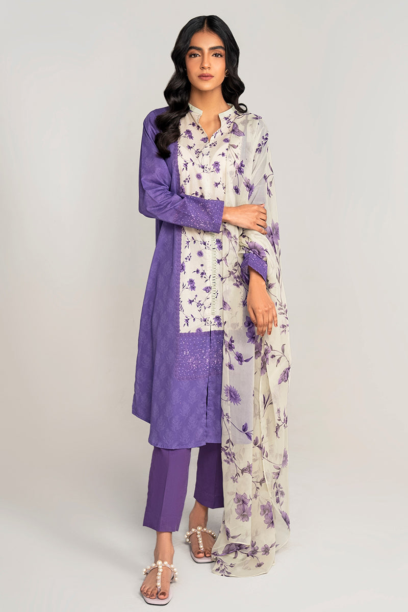 MAUVE HUE 3PC PRINTED LAWN SUIT SET - Women's Floral Printed Outfit with Shirt, Trouser & Dupatta - Perfect for Casual Wear, Parties & Festive Occasions