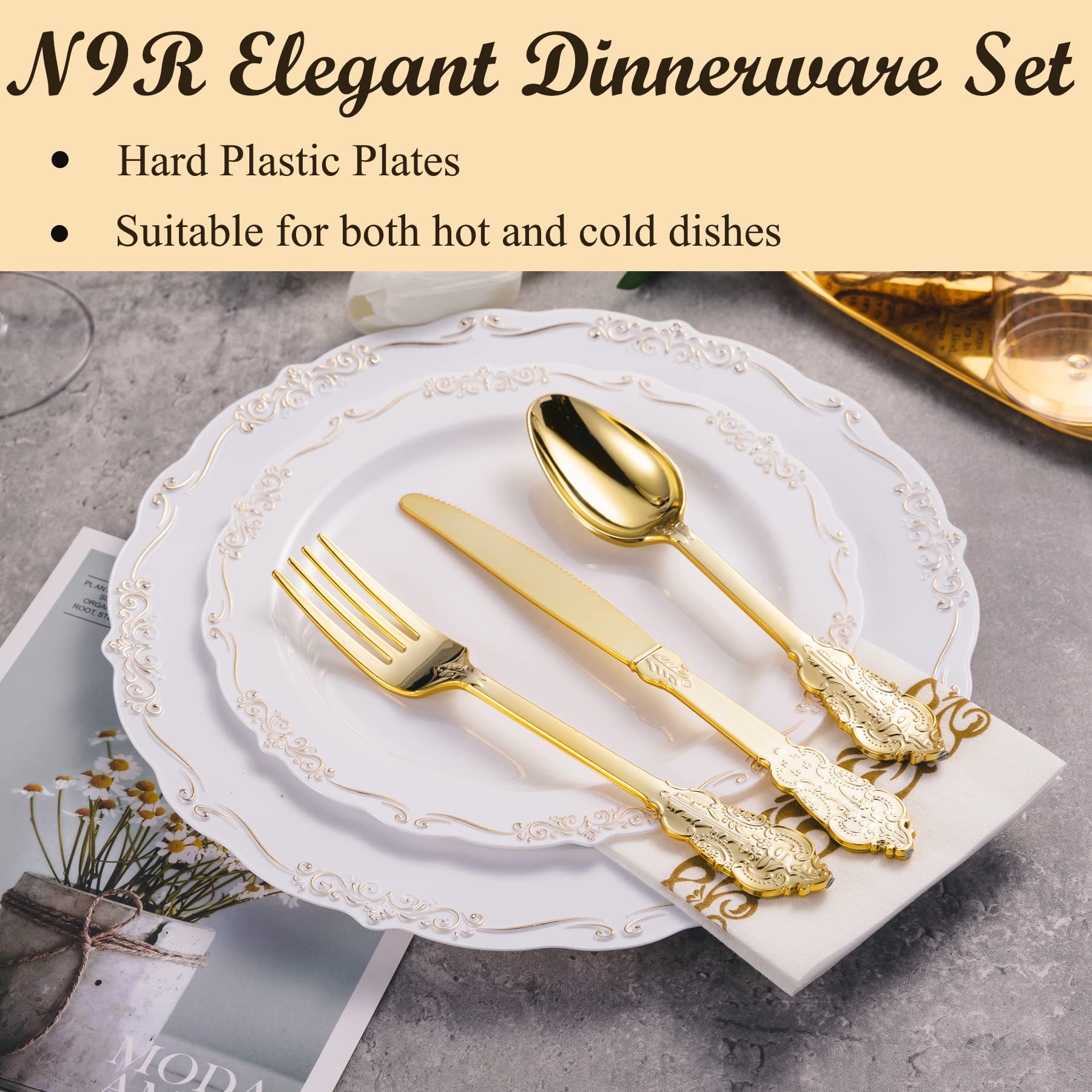175-Piece Gold Plastic Dinnerware Set for 25 Guests - Includes 25 Dinner Plates, Dessert Plates, Paper Napkins, Cups & Gold Silverware Sets | Elegant Party & Wedding Tableware for Banquets, Bridal Showers & Special Events