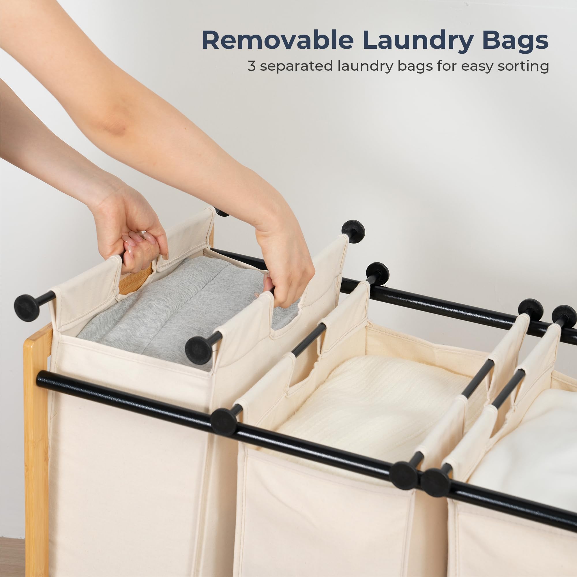 STO 3-Section Laundry Sorter with Bamboo Frame - Rolling Laundry Hamper Cart with Lockable Wheels & Removable Bags for Clothes Storage - Perfect for Laundry Room, Bedroom, Dorm or Apartment - Beige
