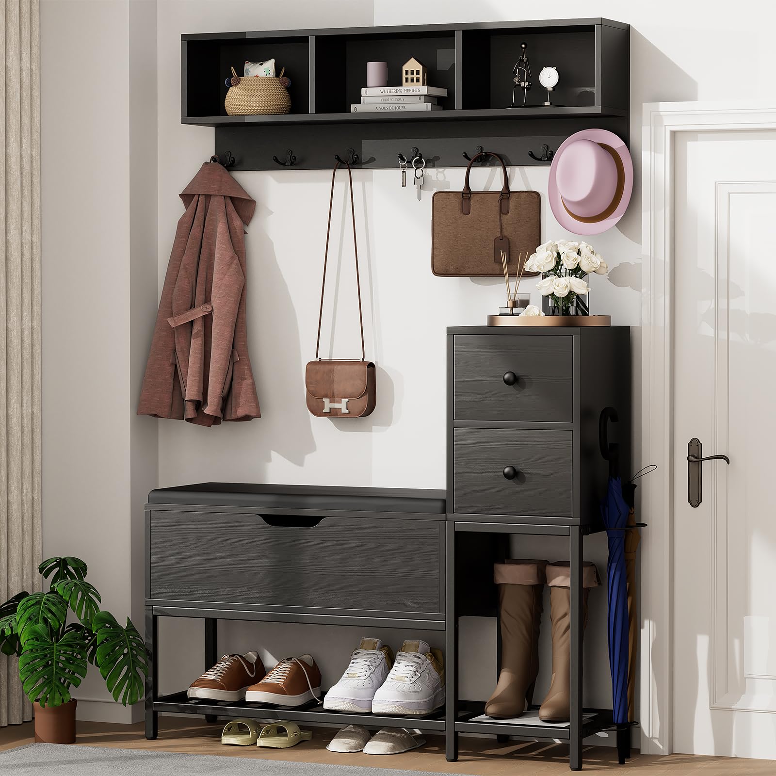 39-Inch Coat Rack Shoe Bench Set with Flip-Top Storage Box & 2 Drawers - Entryway Organizer for Shoes, Hats & Jackets | Black Hallway Furniture for Home & Apartment Entry